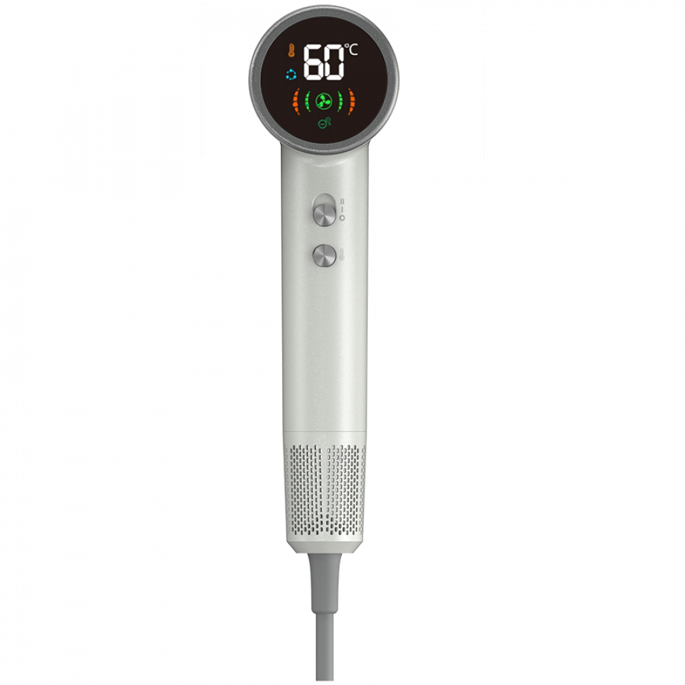 Biała suszarka do włosów z cyfrowym wyświetlaczem pokazującym 60°C, wentylator i ikony ciepła.