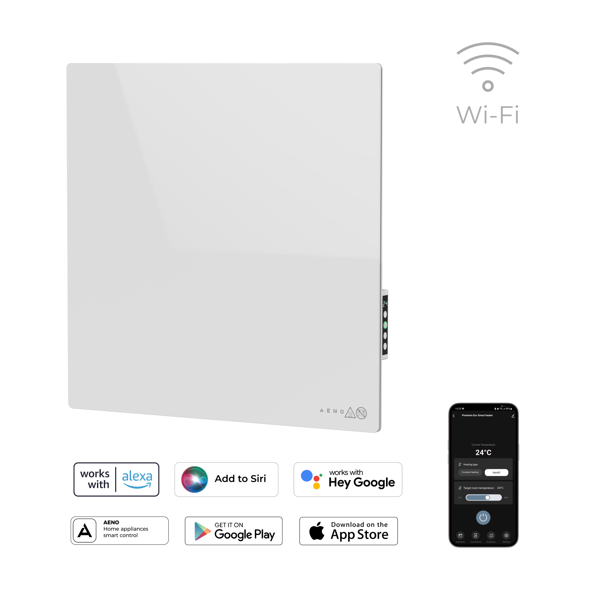 Biały grzejnik z symbolem Wi-Fi i sterowaniem przez aplikację.