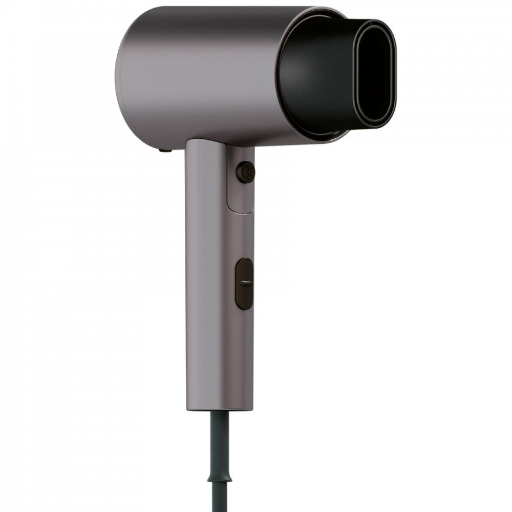 Szara suszarka do włosów z czarną dyszą i srebrnymi przyciskami na czarnym tle.