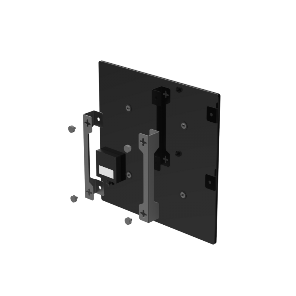 Czarny wspornik montażowy ze srebrnym osprzętem i śrubami na czarnym tle.