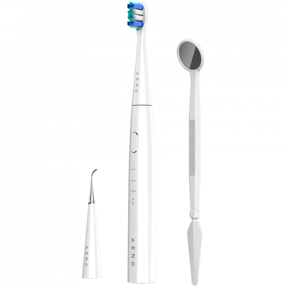 Biały zestaw szczoteczek sonicznych z czyścikiem dentystycznym i lusterkiem.
