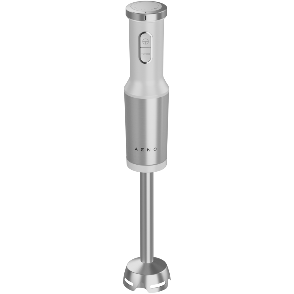 Elegancki biało-srebrny blender ręczny z przyciskiem turbo i nazwą AENO.