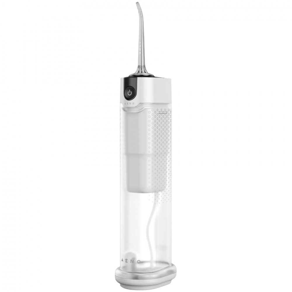 Un idropulsore elettrico bianco con serbatoio trasparente e ugello.