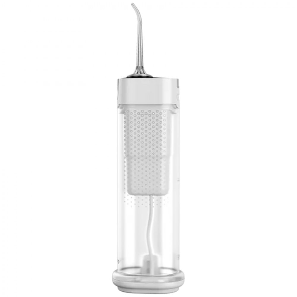 Un idropulsore elettrico bianco con serbatoio trasparente e ugello curvo.
