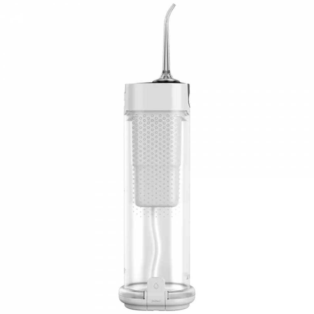 Un accessorio bianco e trasparente per irrigatore orale per bottiglia d'acqua con punta stretta e curva.