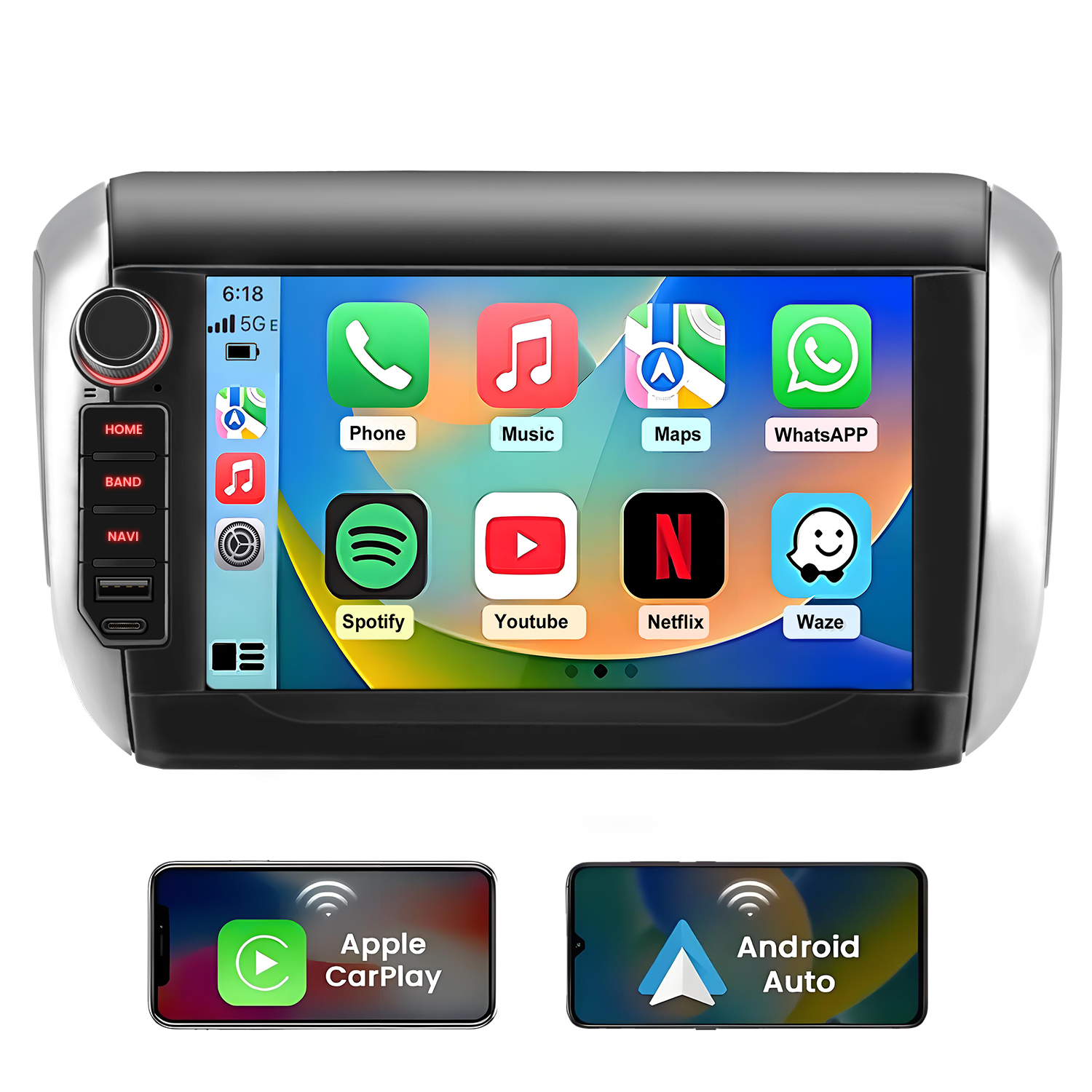 Ekran systemu infotainment samochodu pokazujący ikony aplikacji, logo Apple CarPlay i Android Auto.
