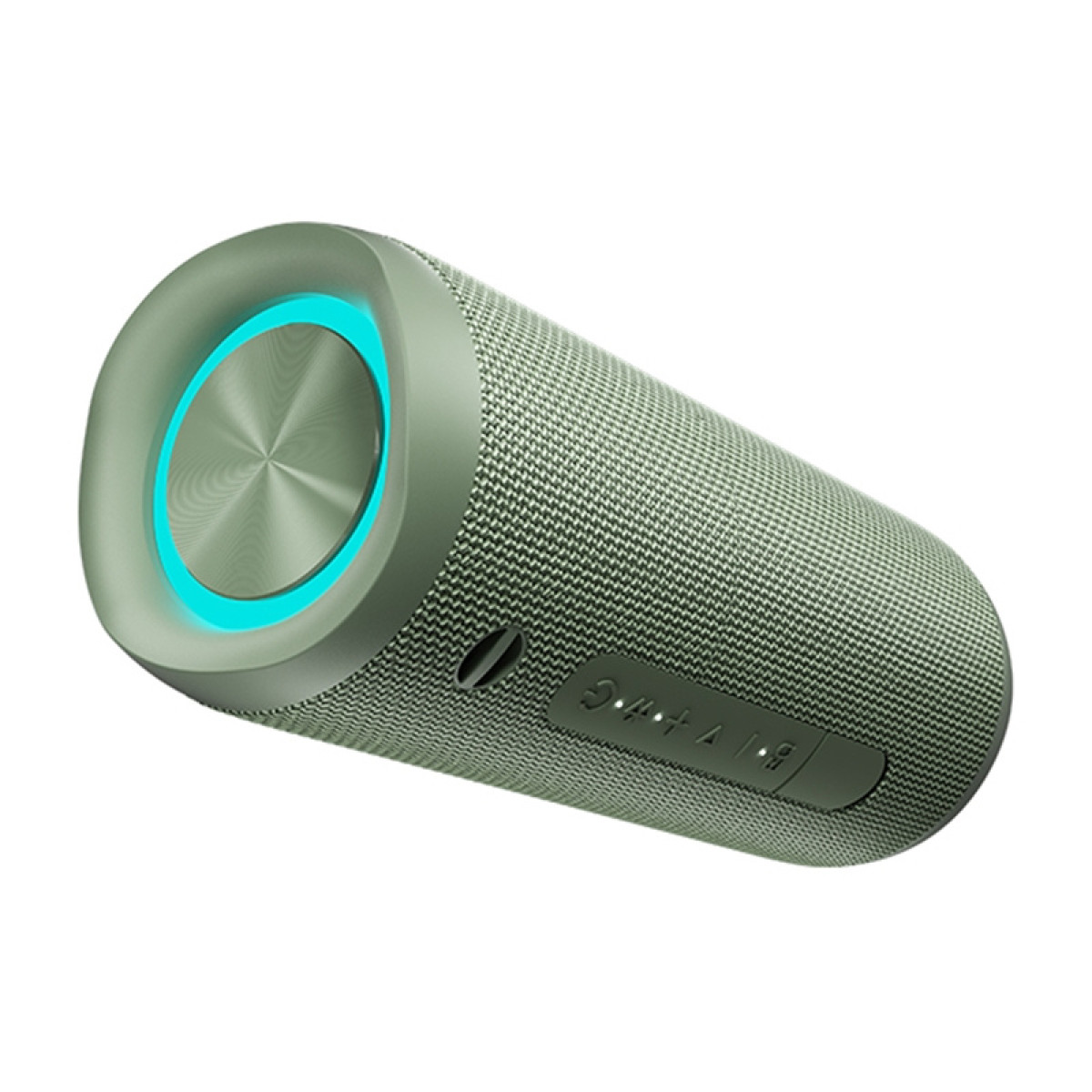Altoparlante Bluetooth verde con anello luminoso blu e pulsanti di controllo.