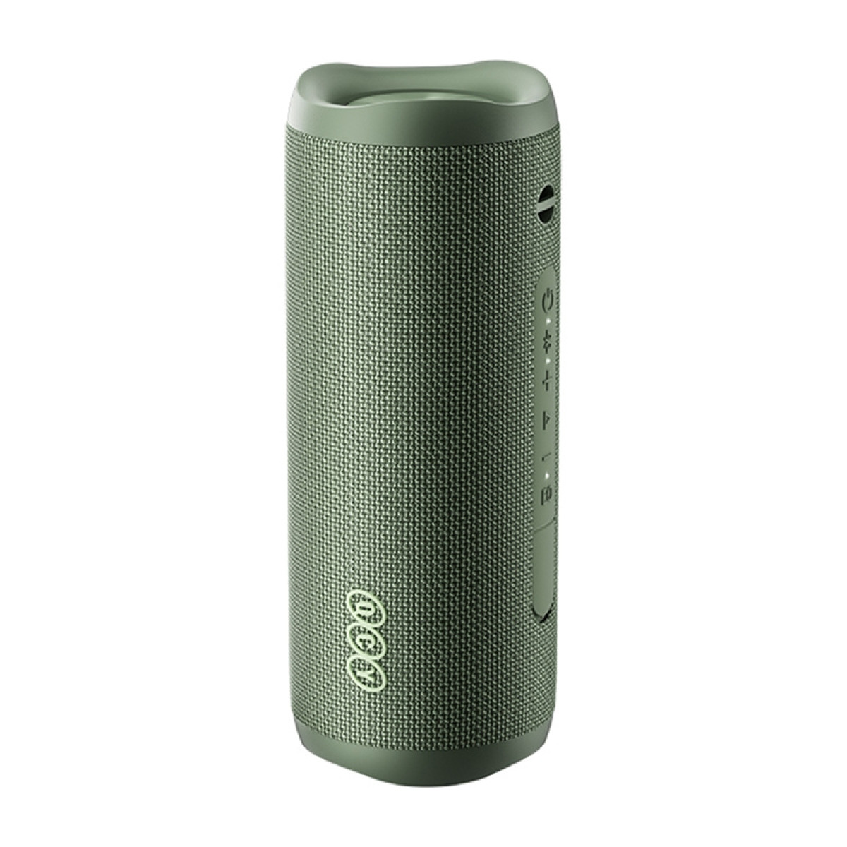 Altoparlante Bluetooth verde rivestito in tessuto con controlli sul lato.