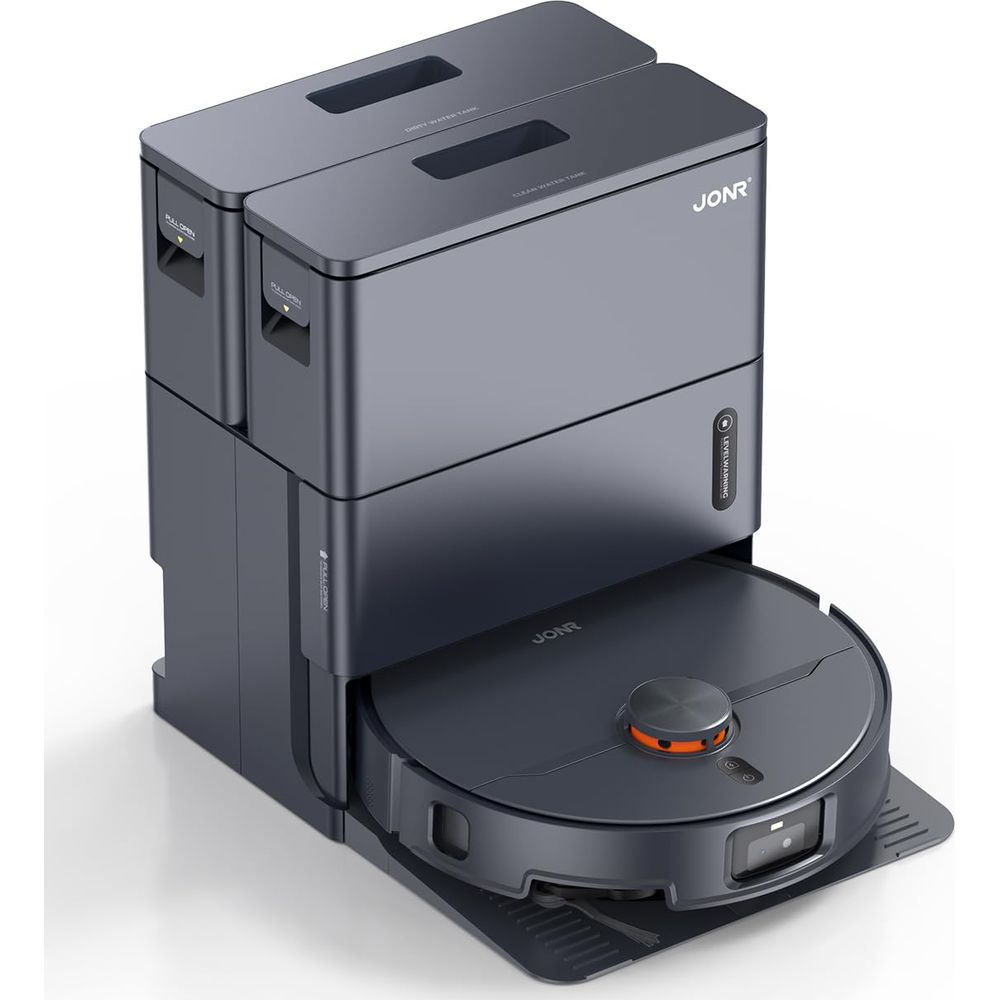 Ein grauer Saugroboter mit Dockingstation und Wassertanks.