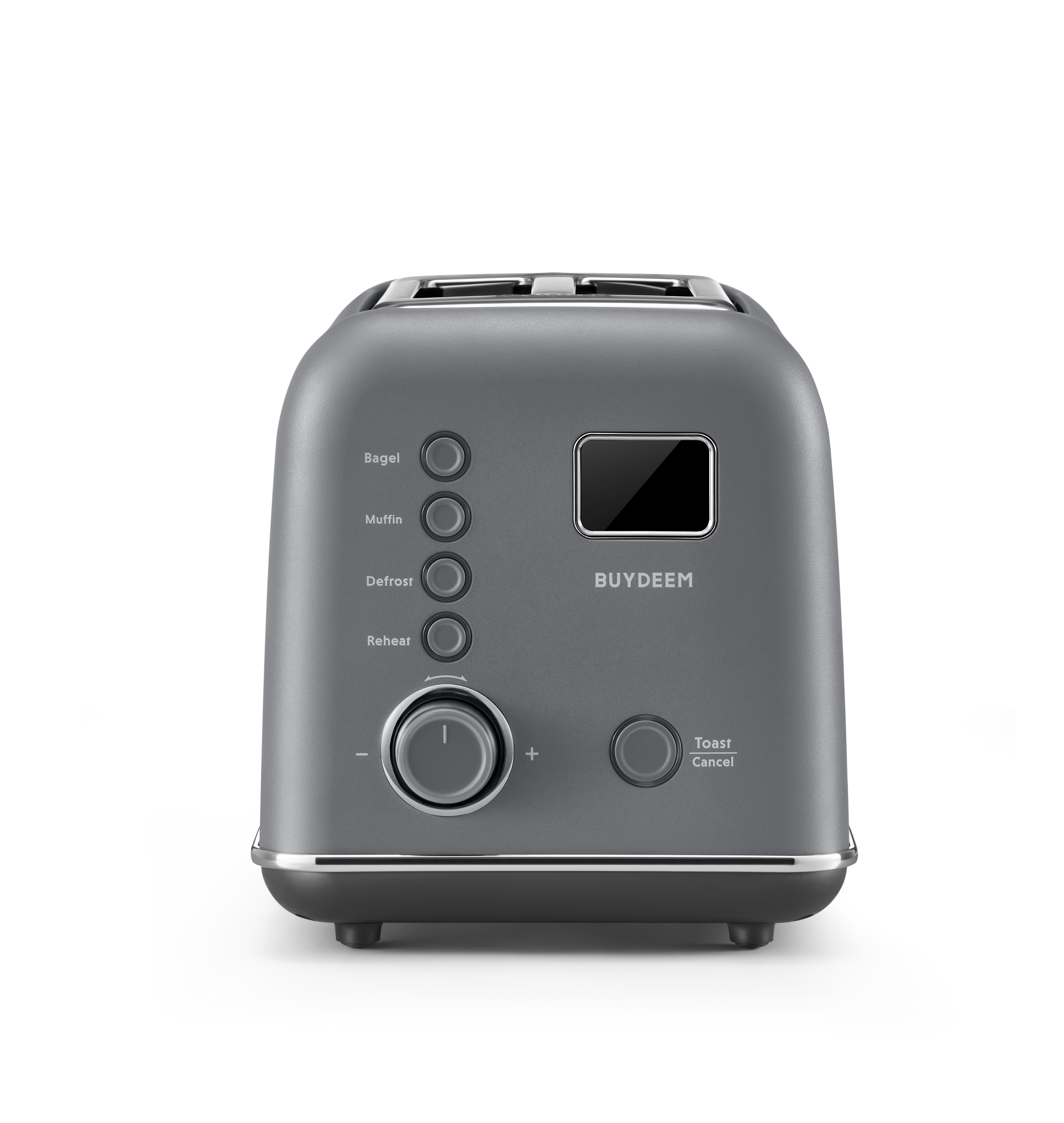 Szara tostarka z cyfrowymi elementami sterowania, pokrętłem i czterema przyciskami.