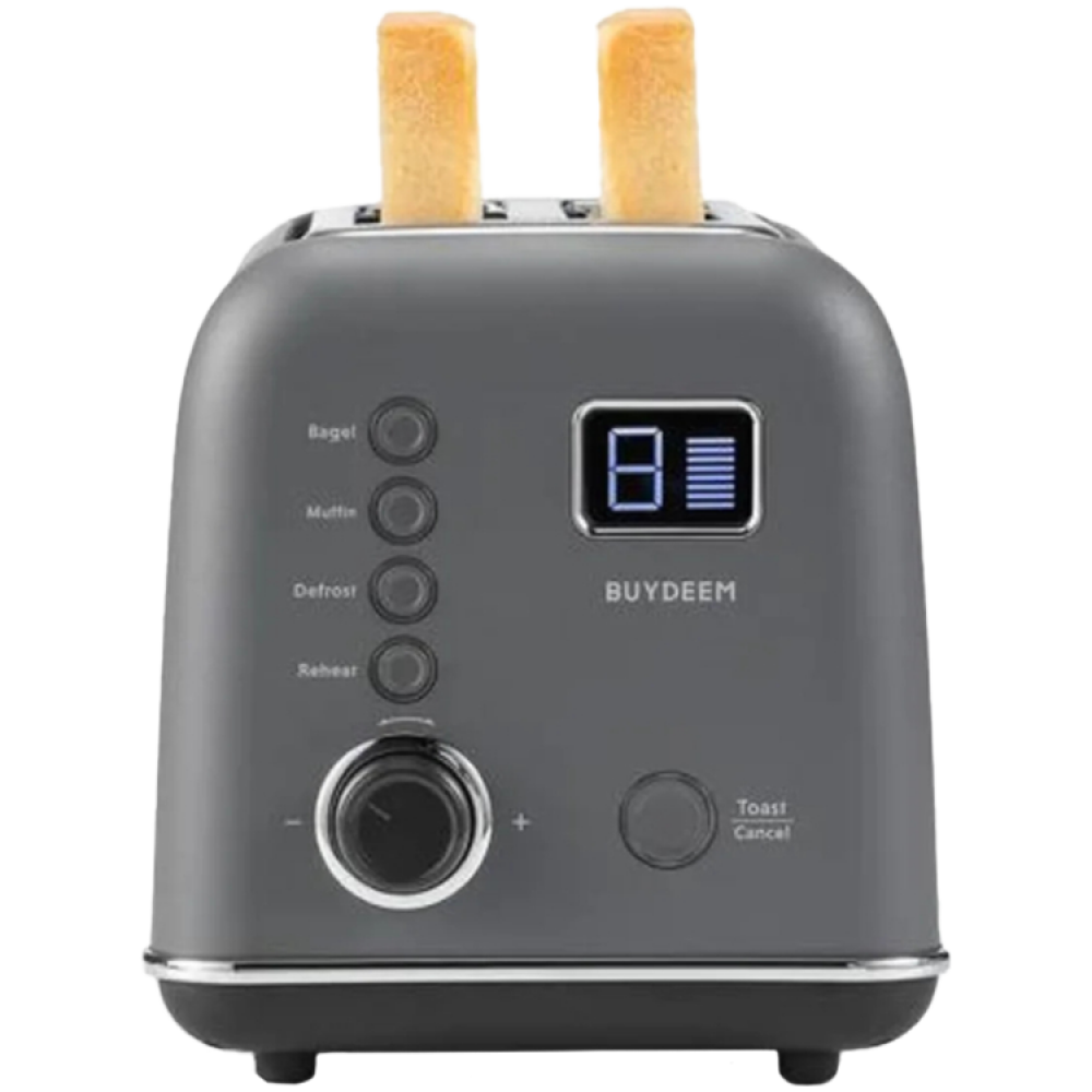 Szary toster na dwie kromki z dwoma wyskakującymi tostami. Posiada przyciski do bajgli, muffinek, rozmrażania i podgrzewania.