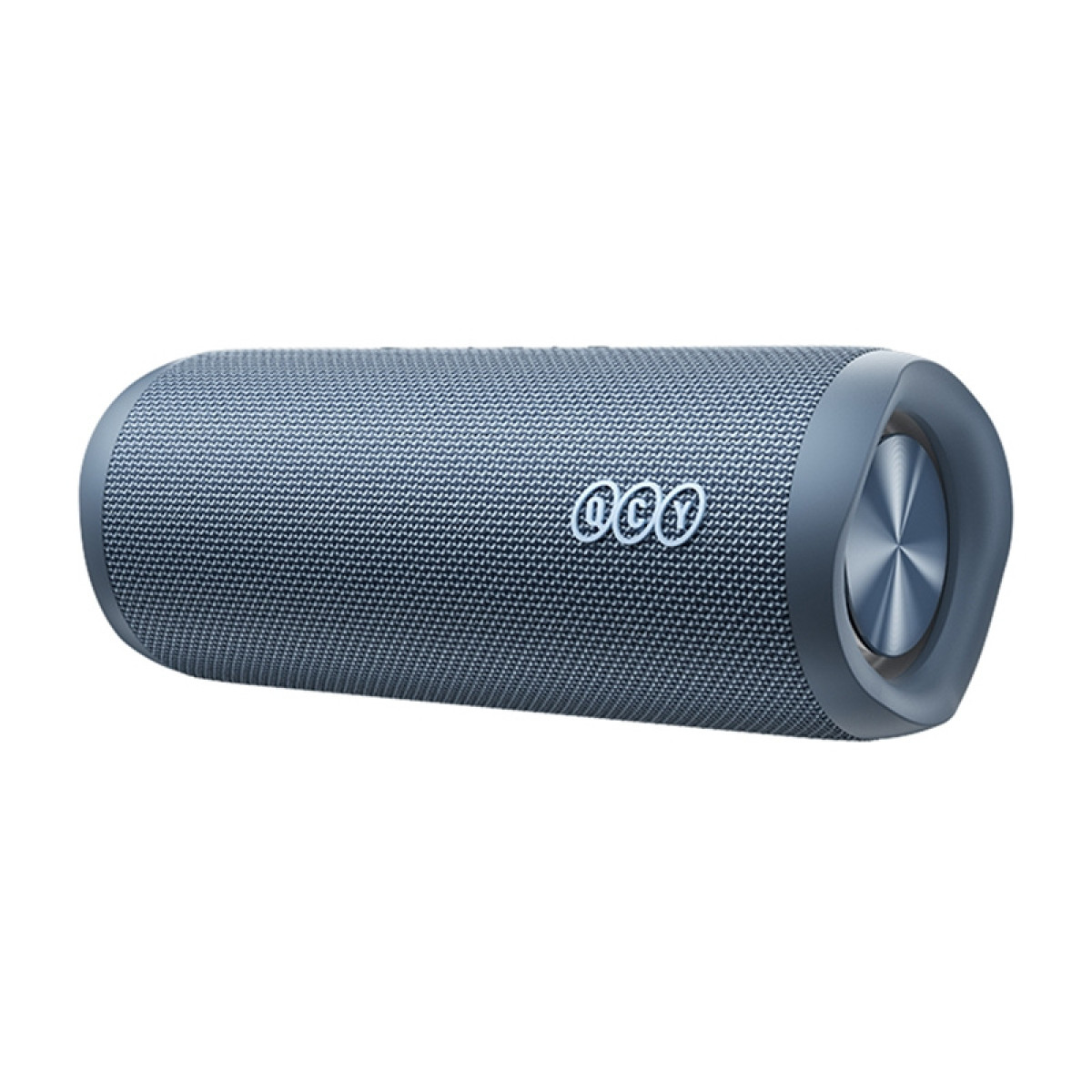 Altoparlante Bluetooth grigio con logo QCY e terminale scanalato.