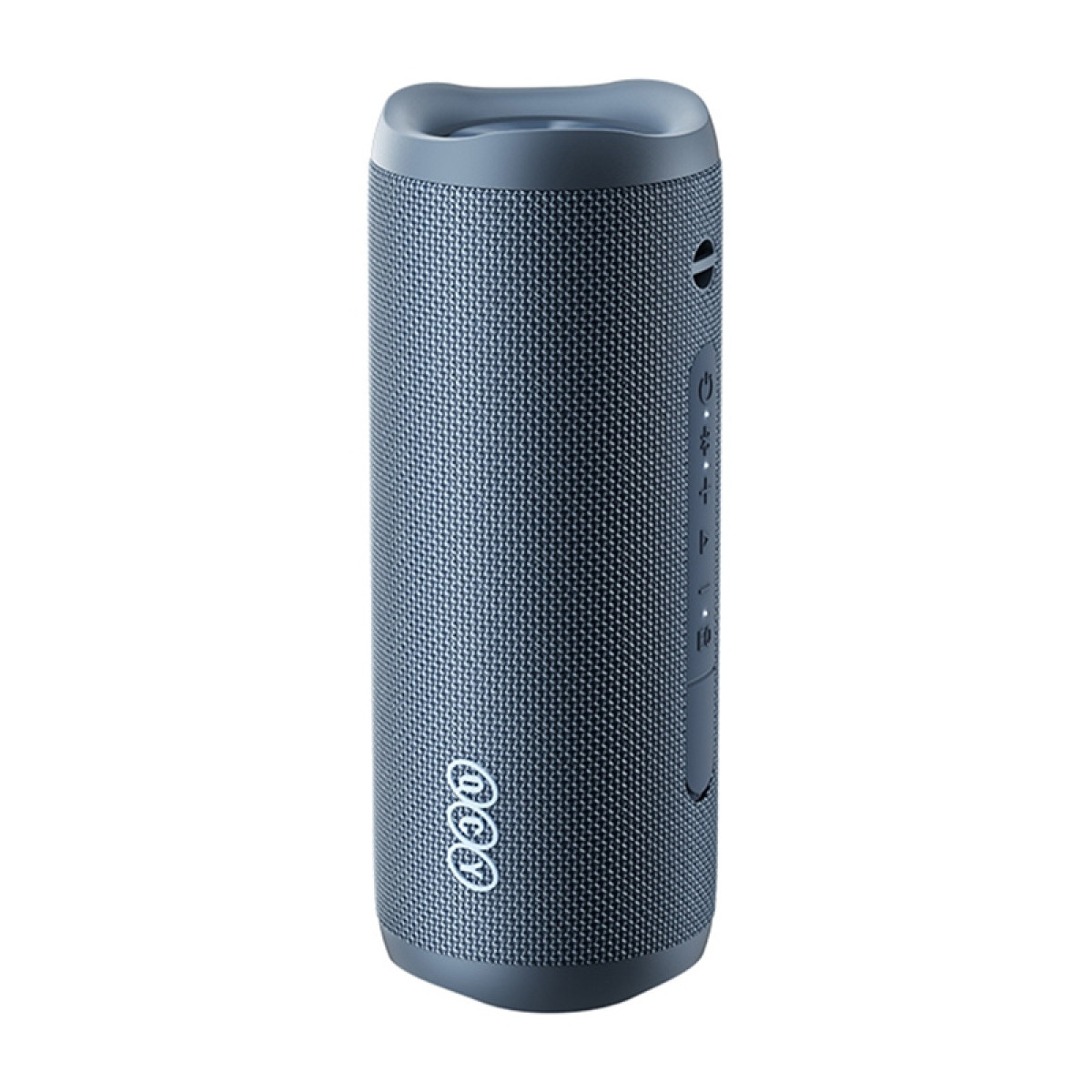Un altoparlante Bluetooth cilindrico blu scuro con copertura in tessuto e pulsanti.