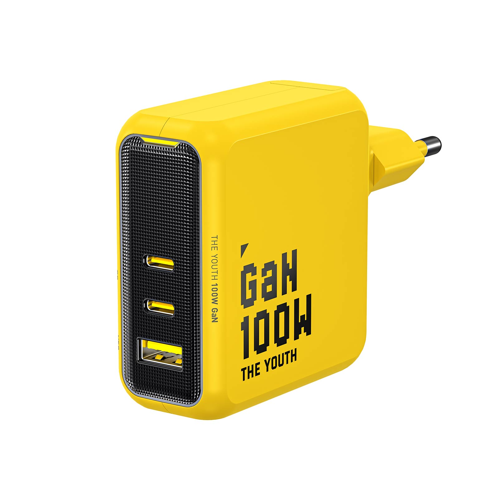 Üç USB bağlantı noktasına ve siyah ızgaraya sahip sarı 100W GaN şarj cihazı.