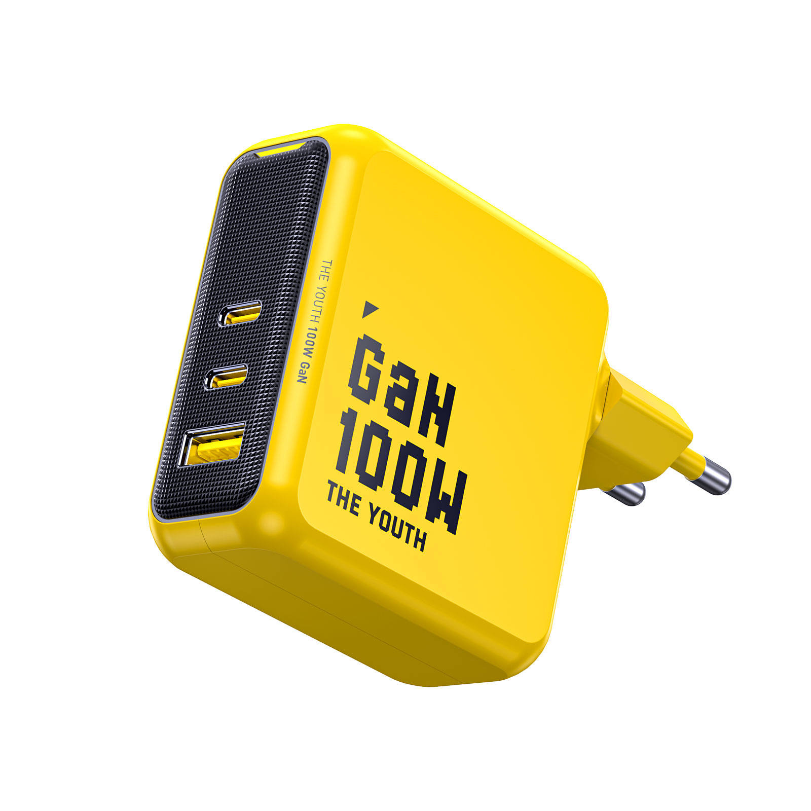 Sarı 100W USB-C GaN şarj cihazı, iki portlu ve AB fişli.