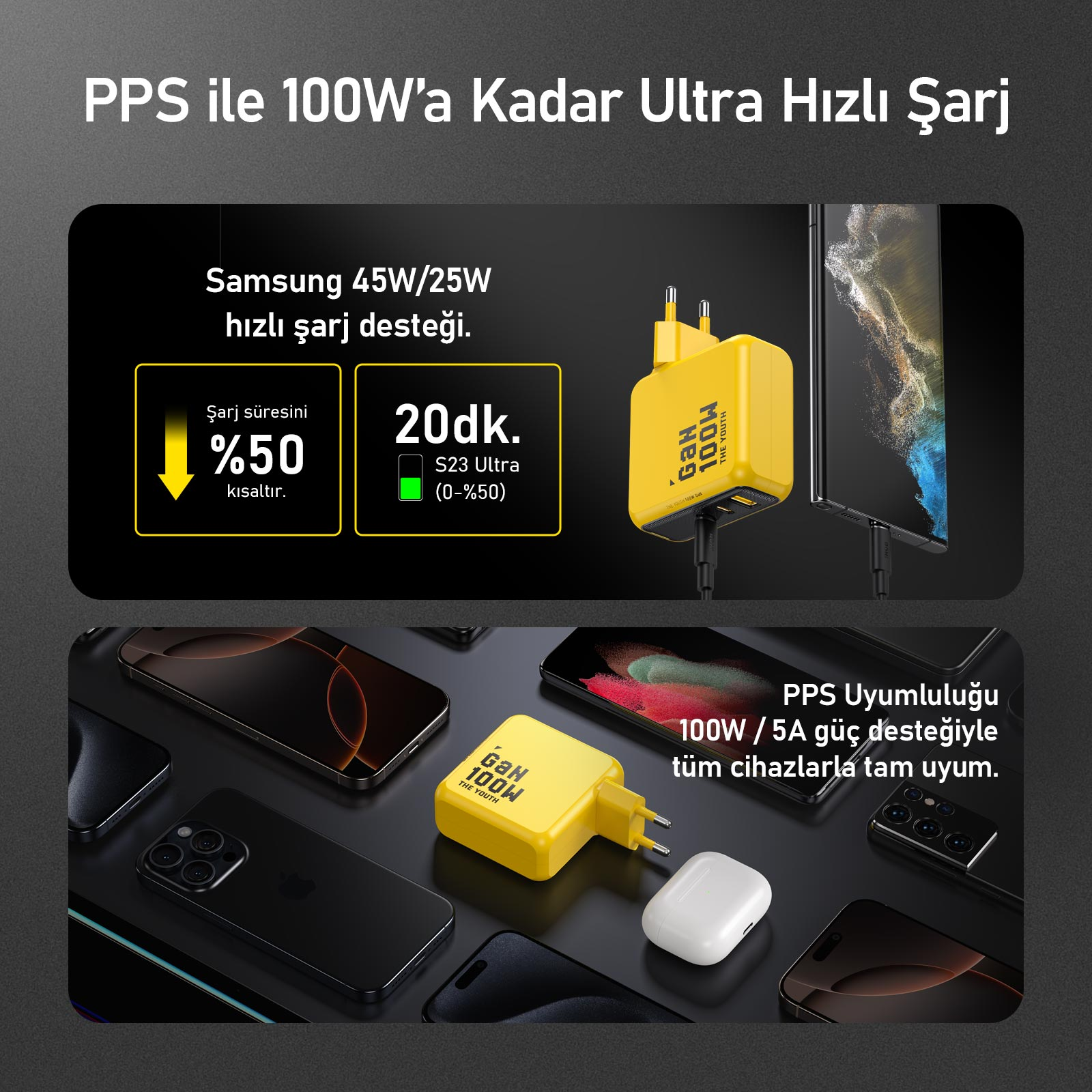 Çoklu USB portlu sarı şarj cihazı telefon ve kulaklık şarj eder.