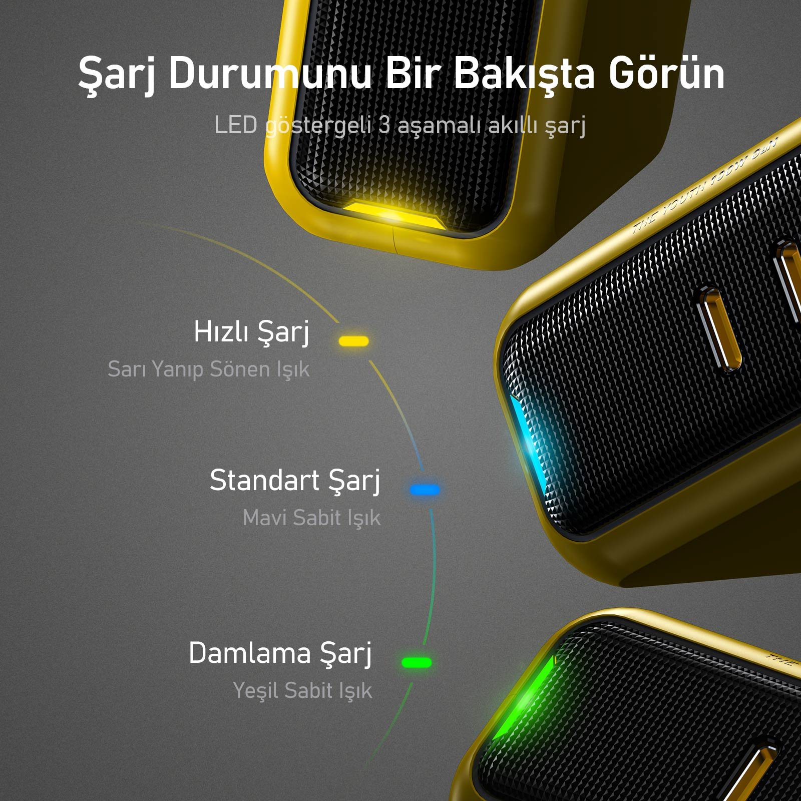 Hızlı şarj için sarı yanıp söner, standart şarj için mavi sabit, damlama şarj için yeşil sabit.