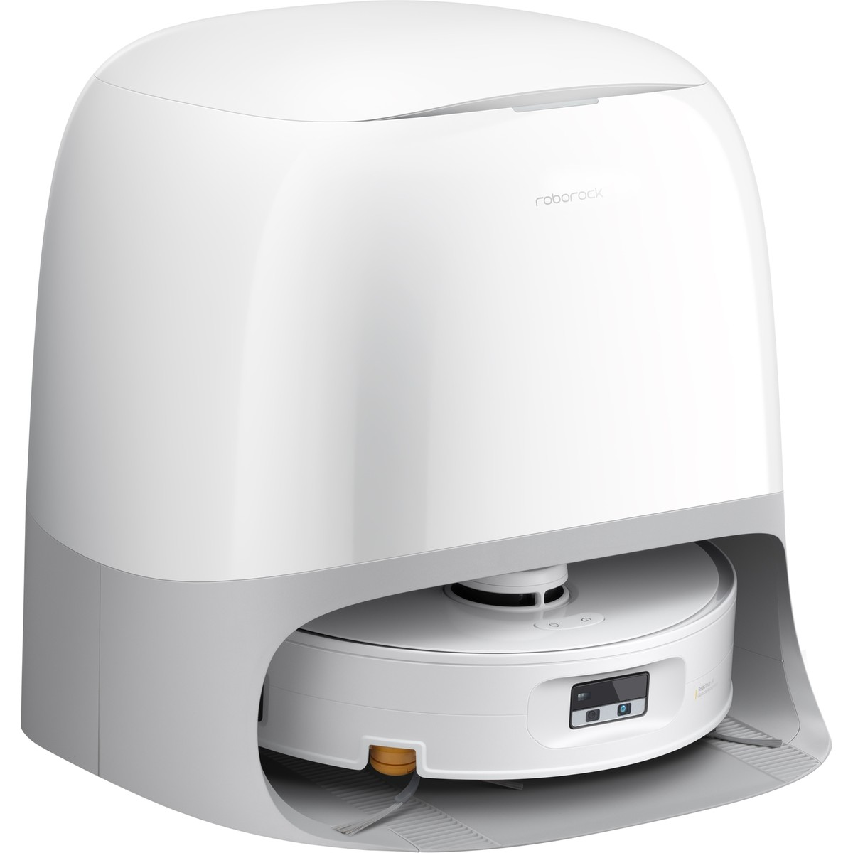 Ein weißer Roboterstaubsauger mit Ladestation. Das Gerät hat eine runde Form.