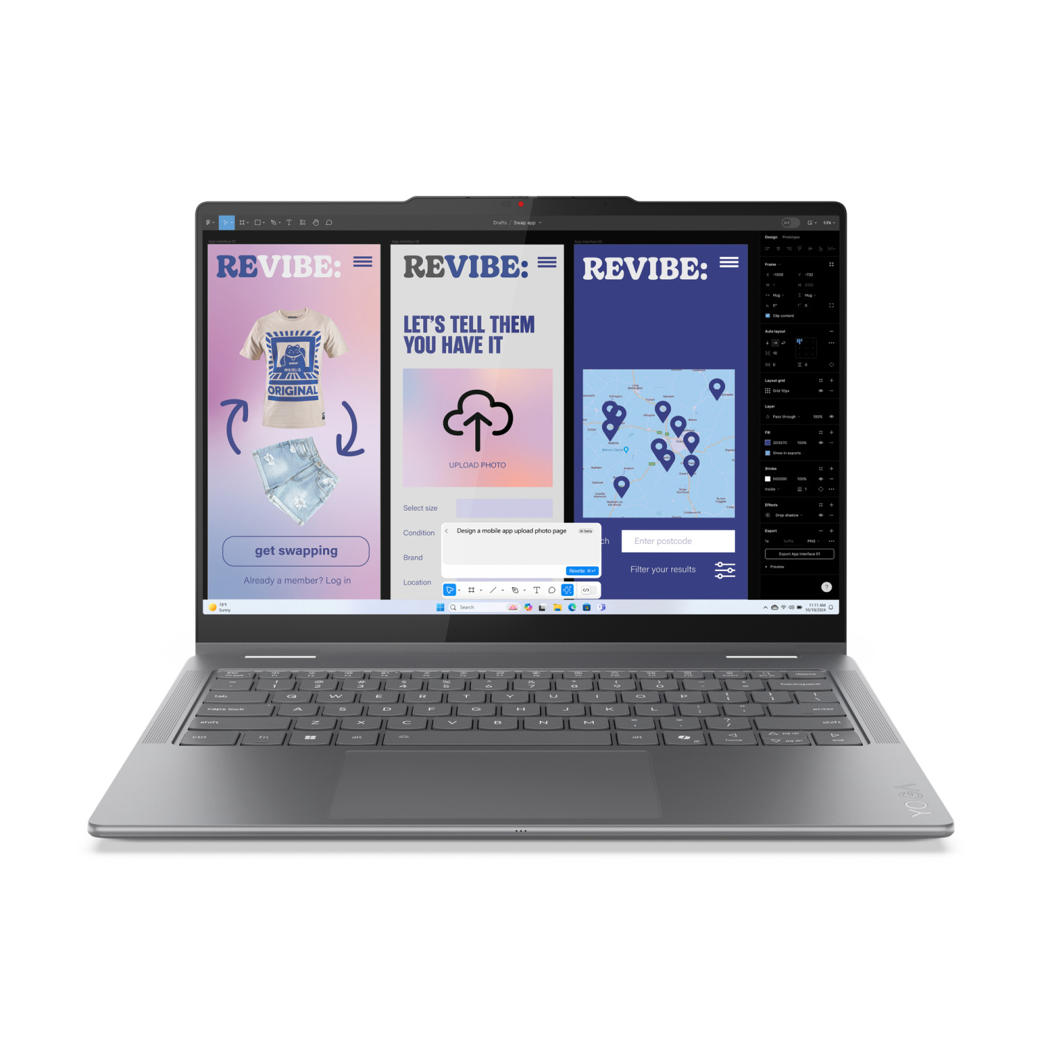 Un laptop mostra un'interfaccia di progettazione di app con abbigliamento e mappe.