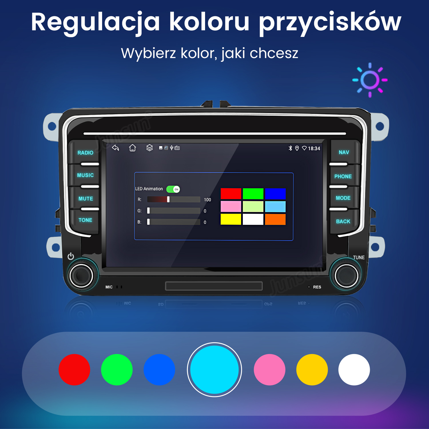 Ekran radia samochodowego pokazuje menu wyboru koloru z suwakami RGB i próbkami.