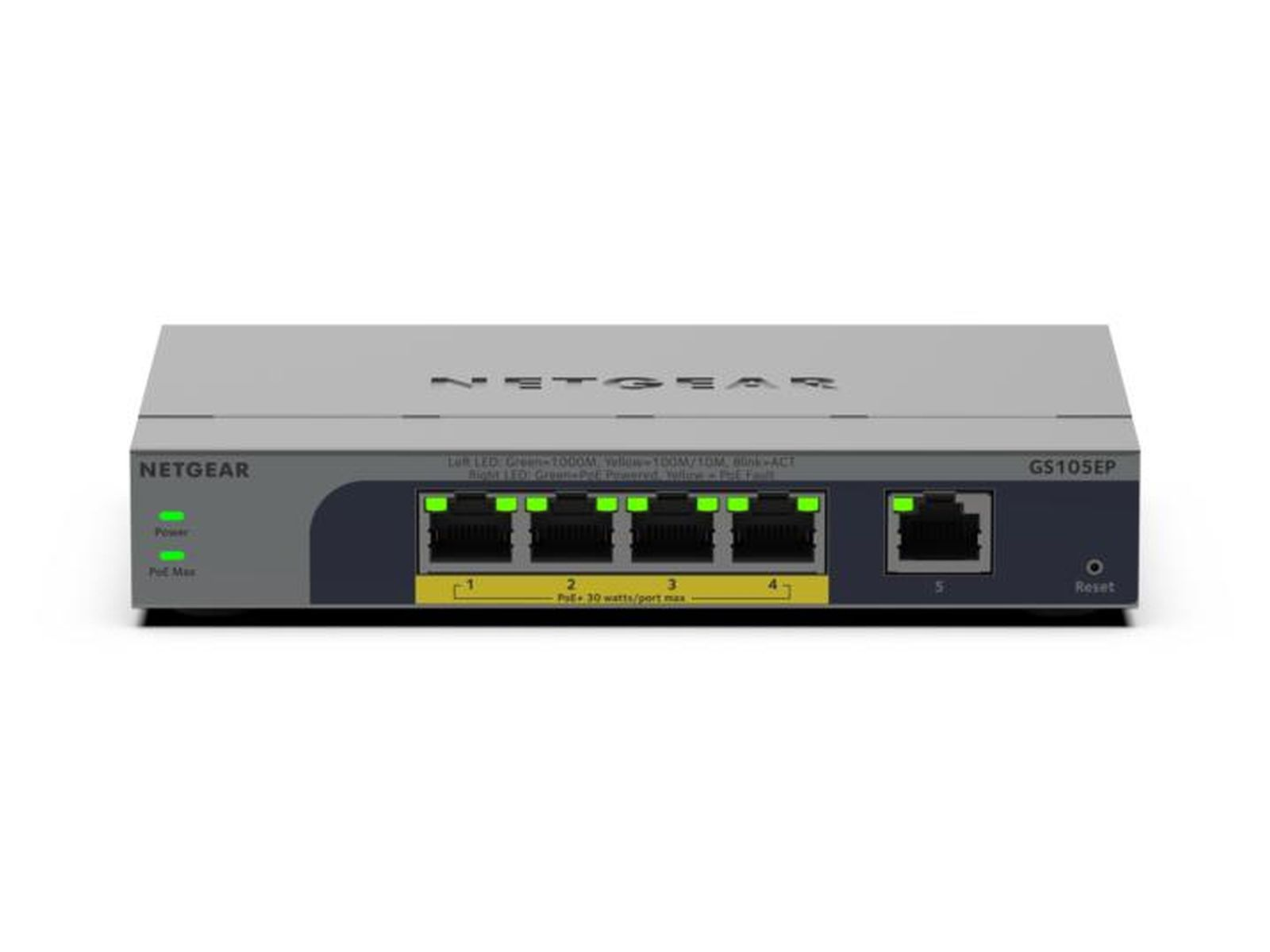 Un switch Netgear GS105EP gris avec 5 ports et des LED vertes.