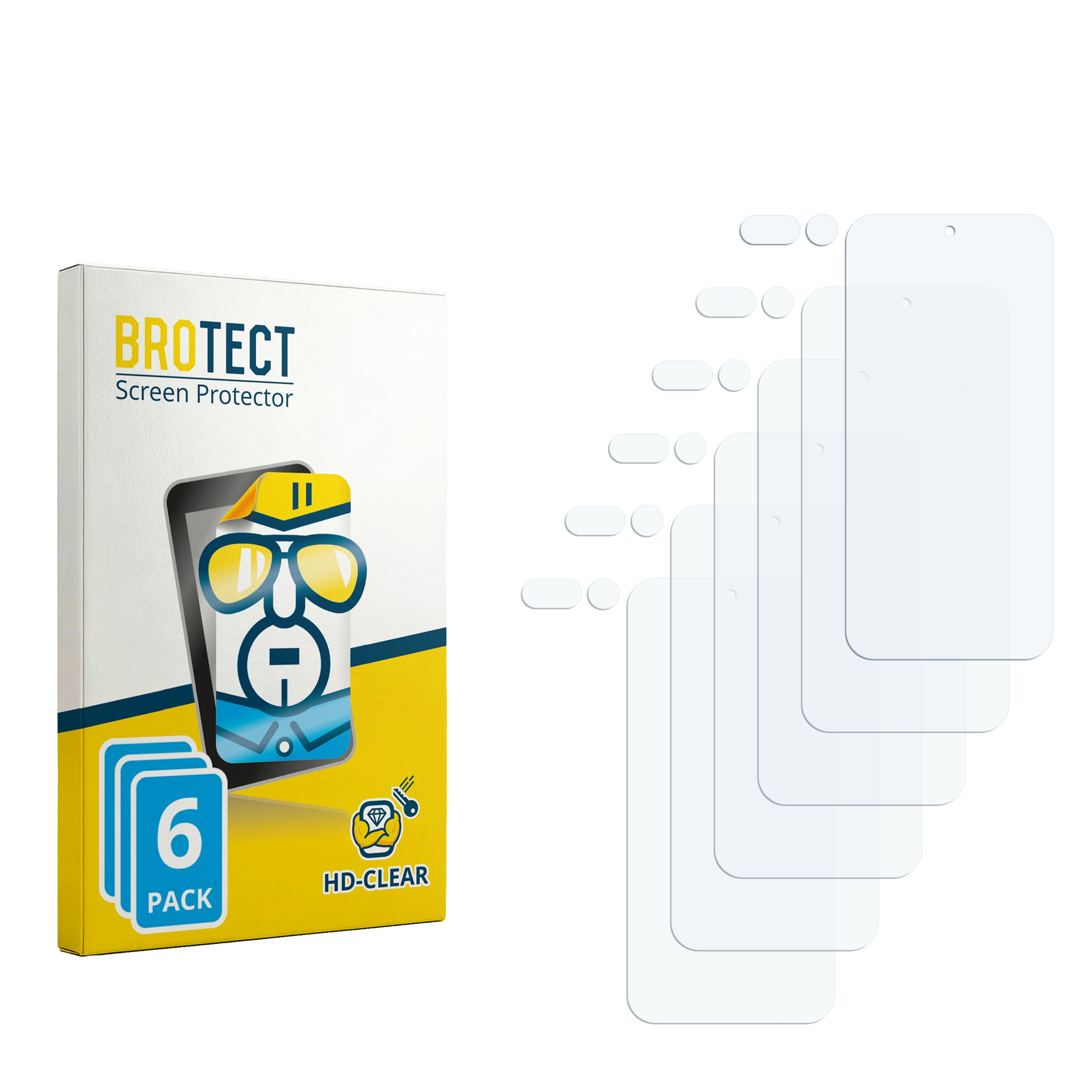 Packung mit 6 Displayschutzfolien und einzelnen Folien auf weißem Hintergrund.