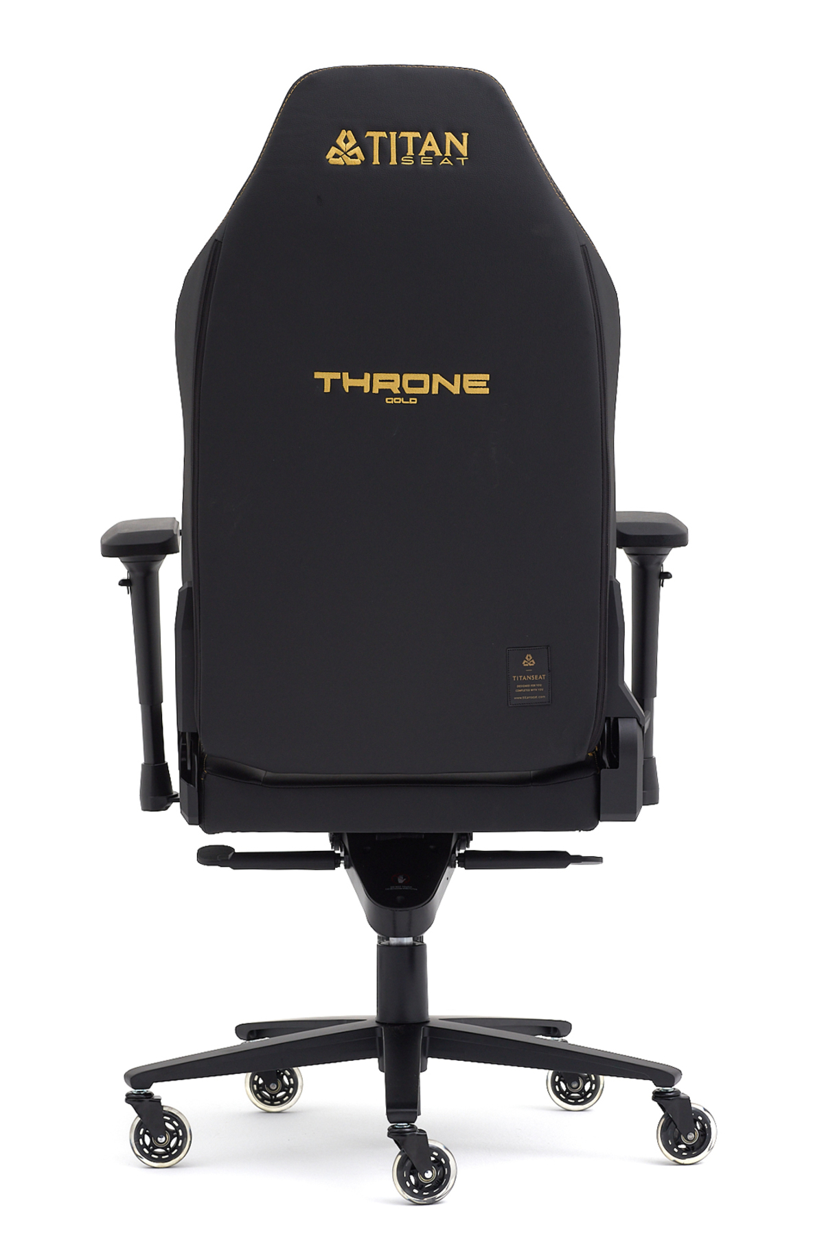 Altın rengi logo ve 'Throne Gold' yazılı siyah oyuncu koltuğu.