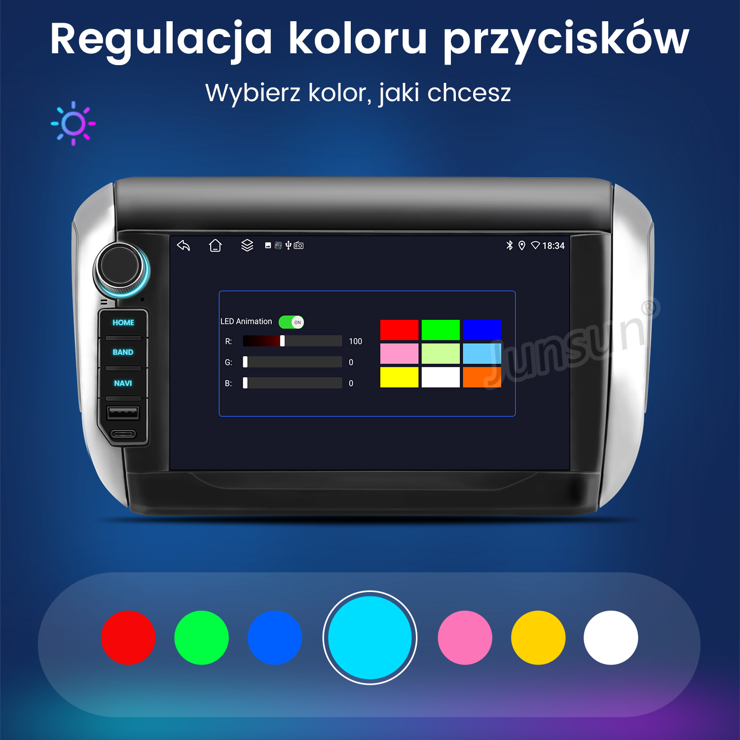 Ekran radia samochodowego wyświetla opcje wyboru koloru podświetlenia przycisków.