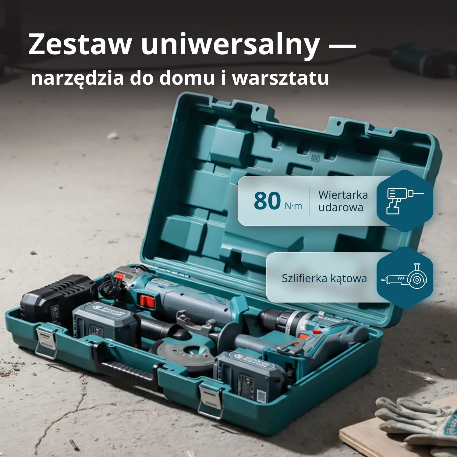 Walizka z wiertarką, szlifierką kątową, akumulatorami i rękawicami.
