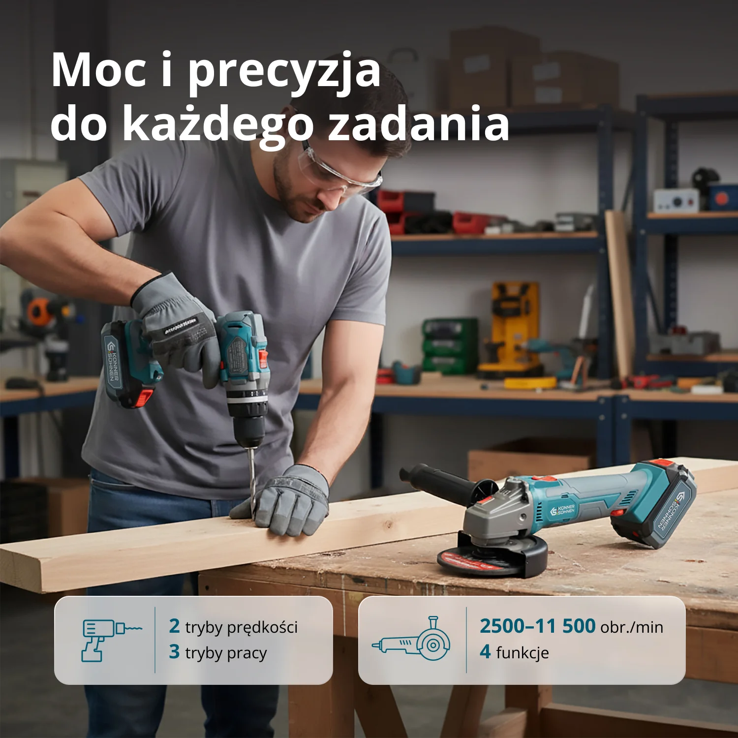 Mężczyzna wierci w desce drewnianej narzędziem; szlifierka kątowa obok.