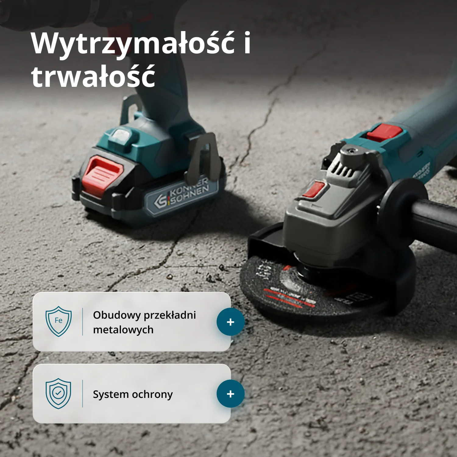 Szlifierka kątowa i wiertarka na betonie. Obudowa metalowa i system ochrony.