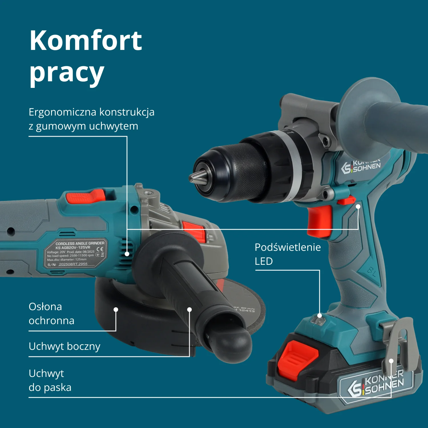 Niebiesko-szary akumulatorowy wiertarko-wkrętarka i szlifierka kątowa z czerwonymi akcentami.