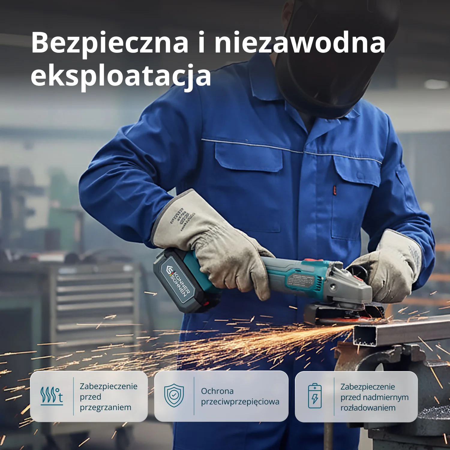 Mężczyzna w niebieskim kombinezonie i kasku używa szlifierki kątowej, lecą iskry.