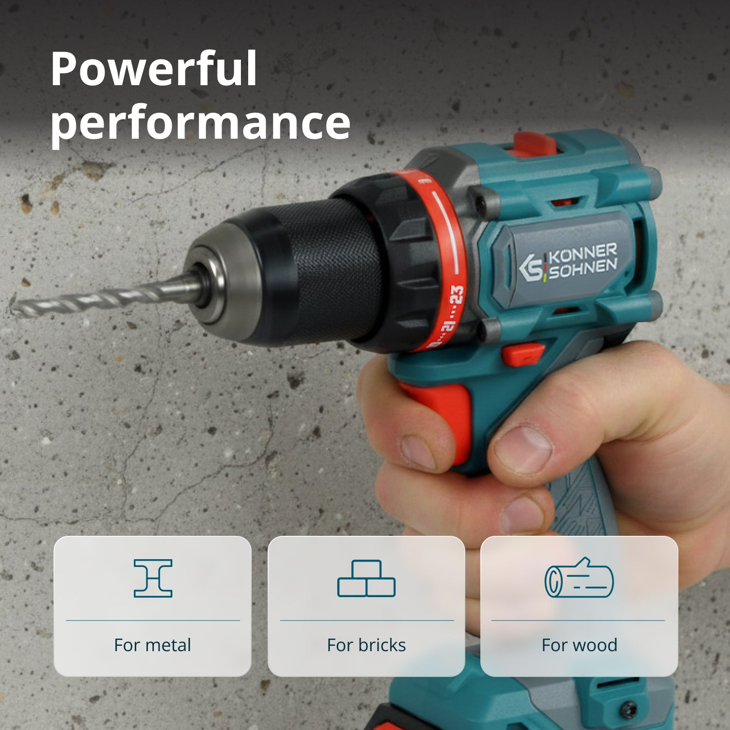 Wiertarka z wiertłem trzymana w dłoni. Ikony pokazują metal, cegły i drewno.