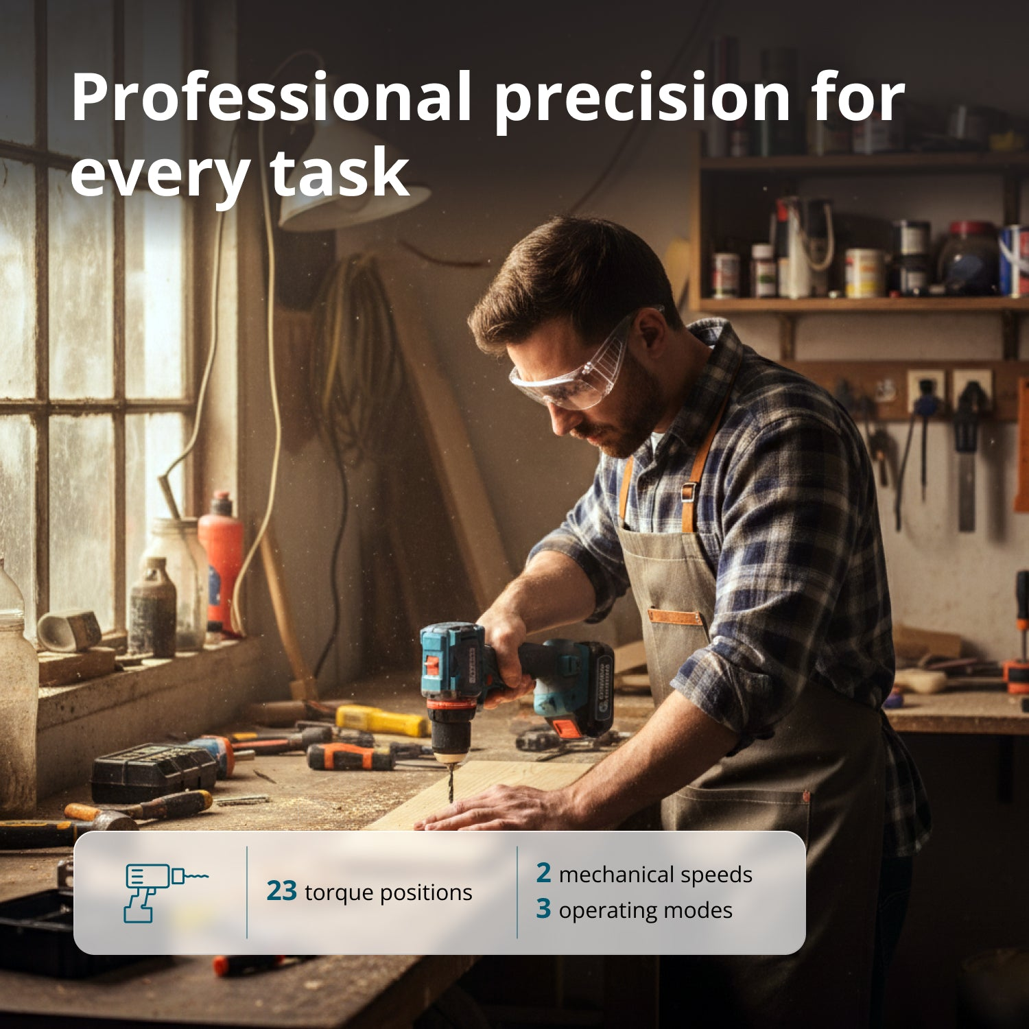 Mężczyzna wierci drewno narzędziem w warsztacie. Tekst o precyzji.