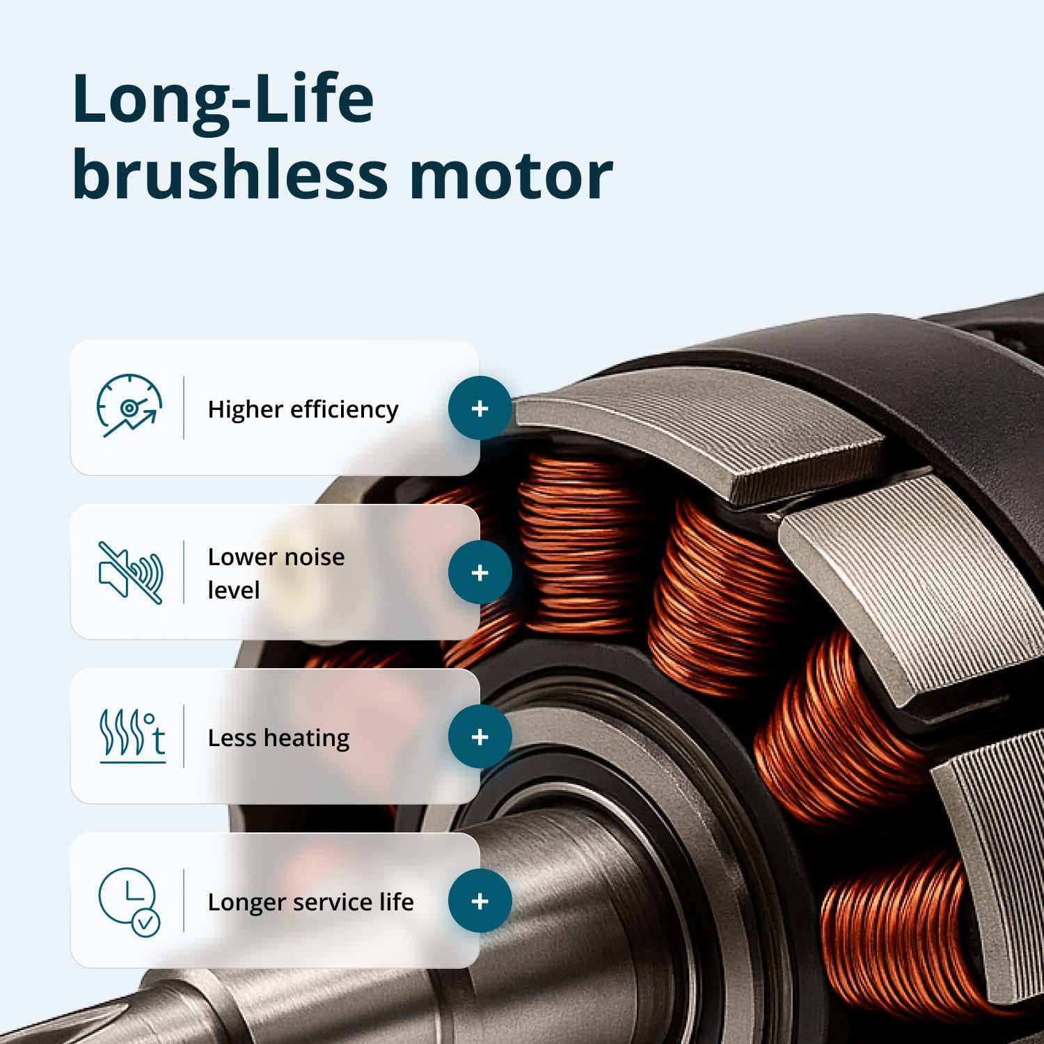 Zbliżenie silnika bezszczotkowego z miedzianymi uzwojeniami i polami tekstowymi.