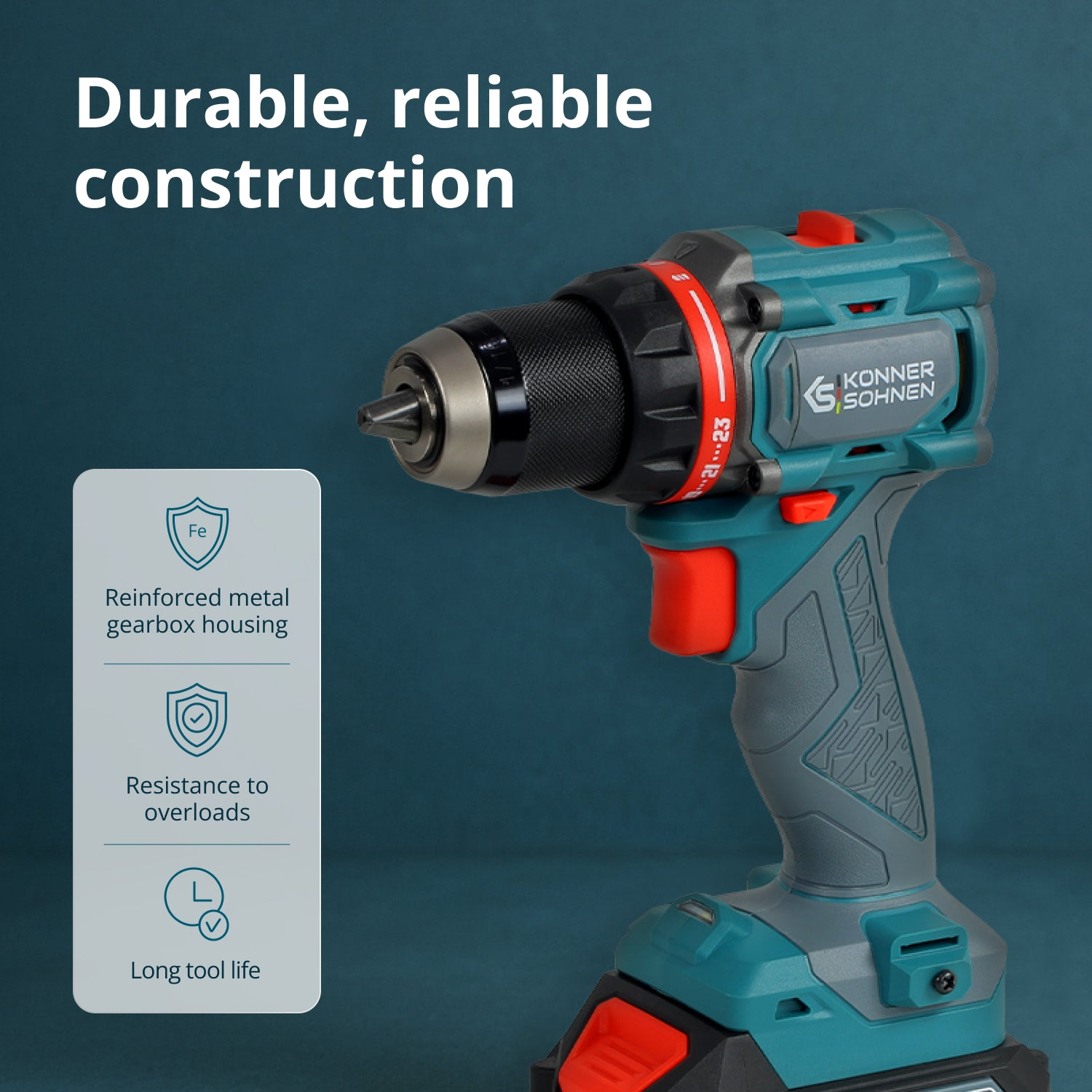 Wiertarko-wkrętarka akumulatorowa w kolorze turkusowym i szarym z tekstem o trwałej konstrukcji.