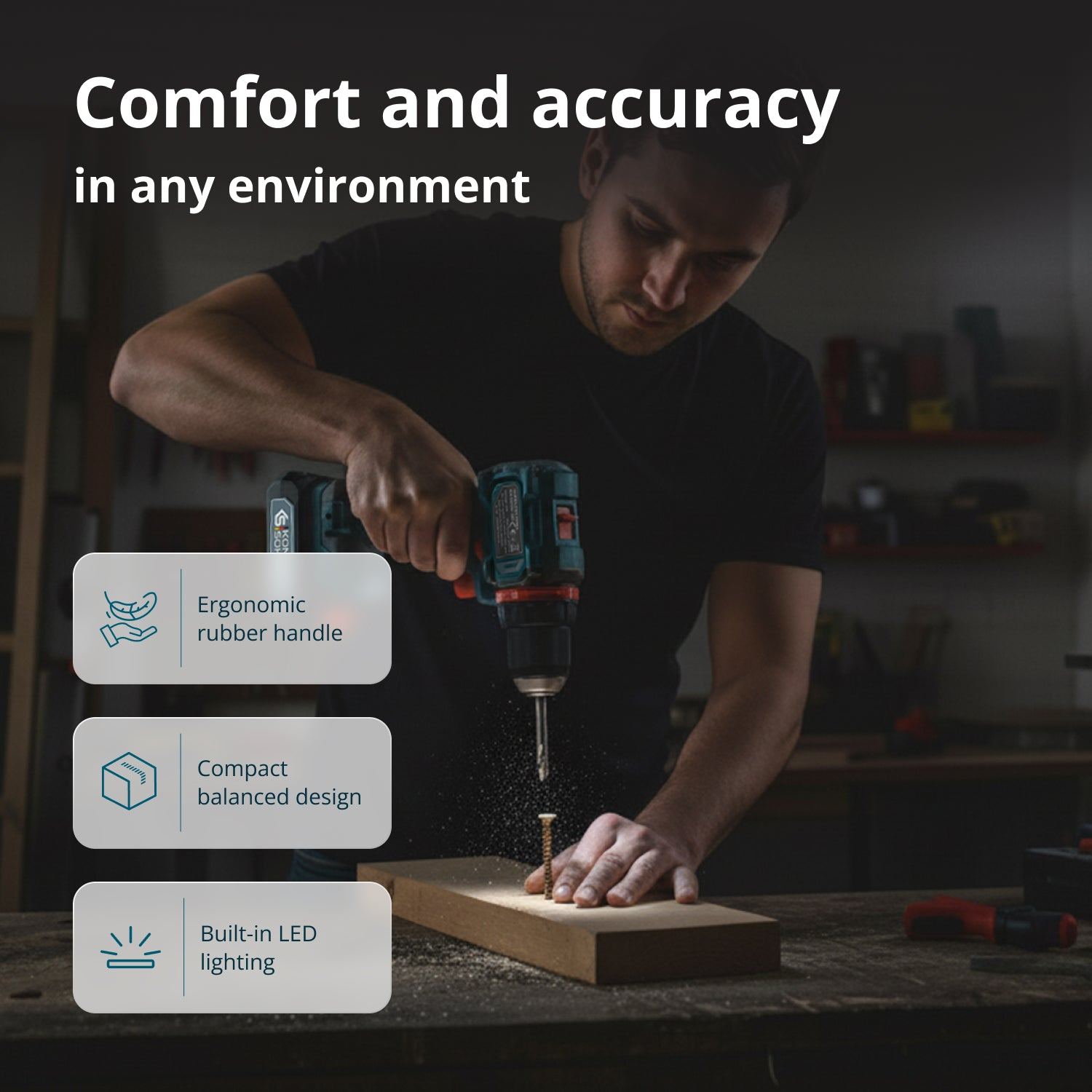 Mężczyzna wierci śrubę w drewnie, warsztat z narzędziami w tle.