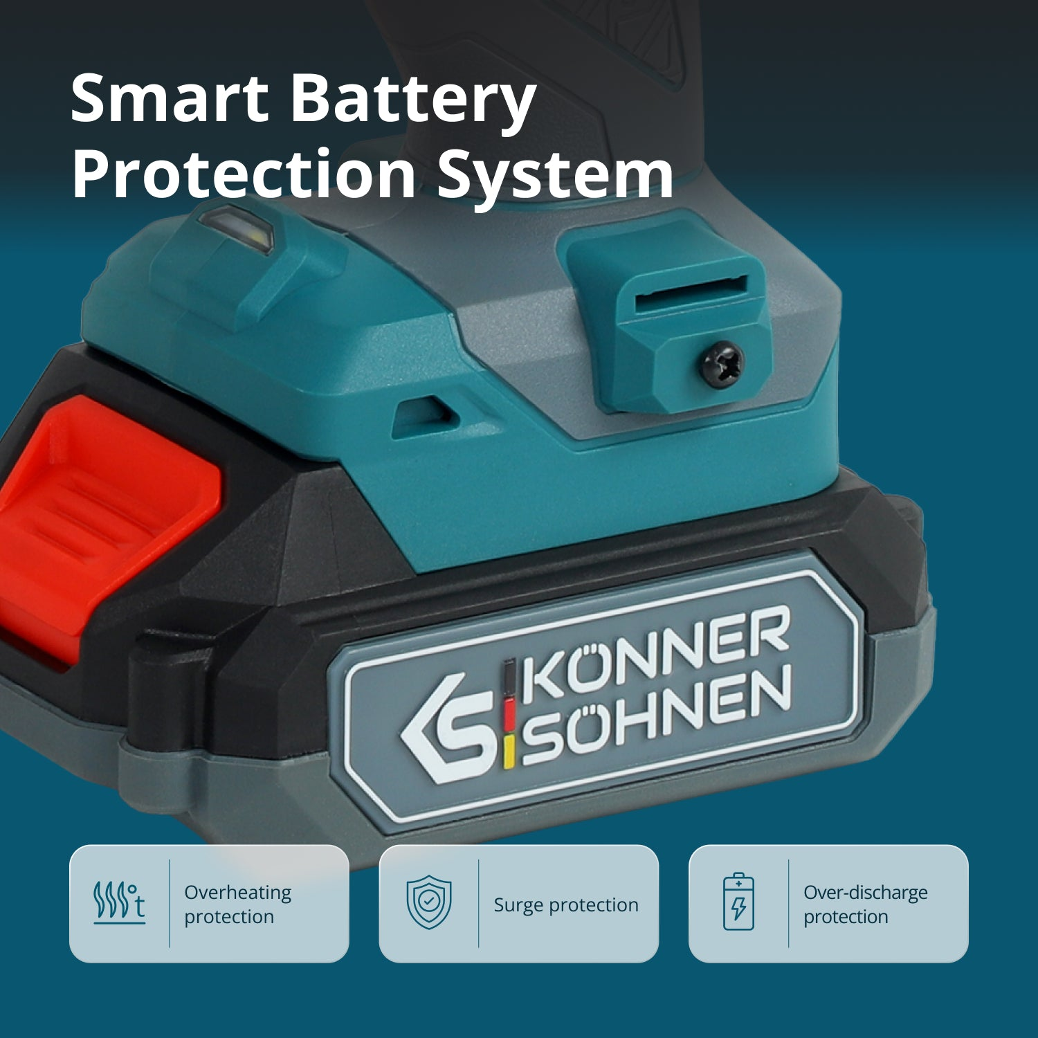 Zbliżenie akumulatora z zabezpieczeniami: przegrzanie, przepięcie, nadmierne rozładowanie.