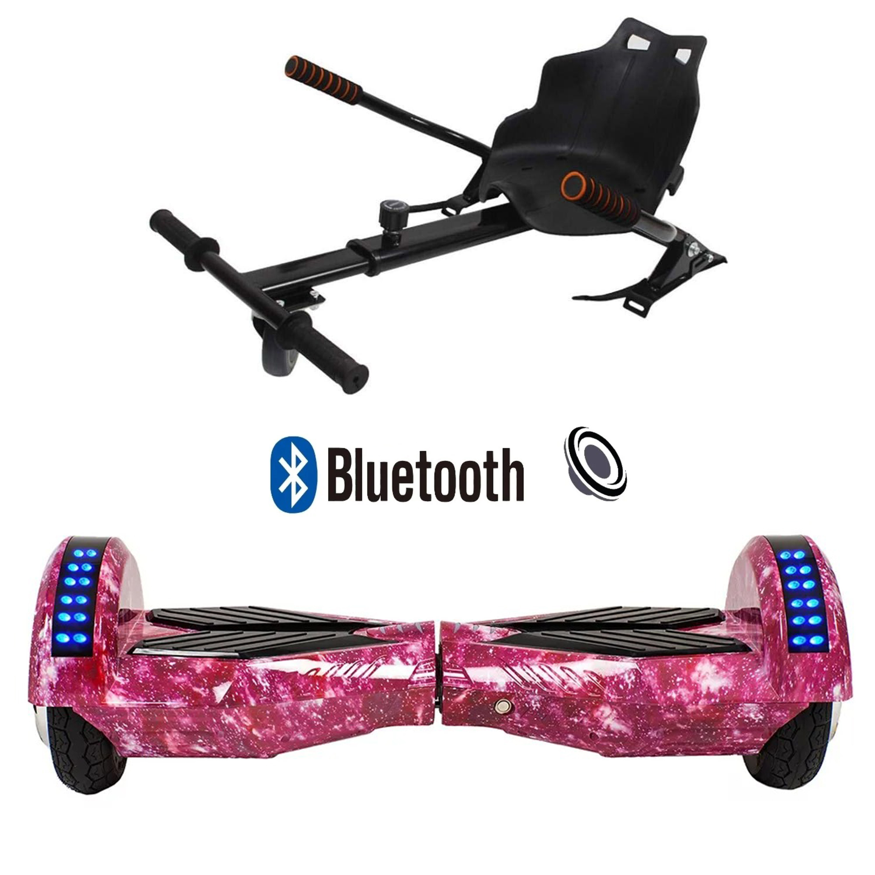 Siyah hoverboard koltuk aparatı ve Bluetooth logolu pembe galaksi hoverboard.