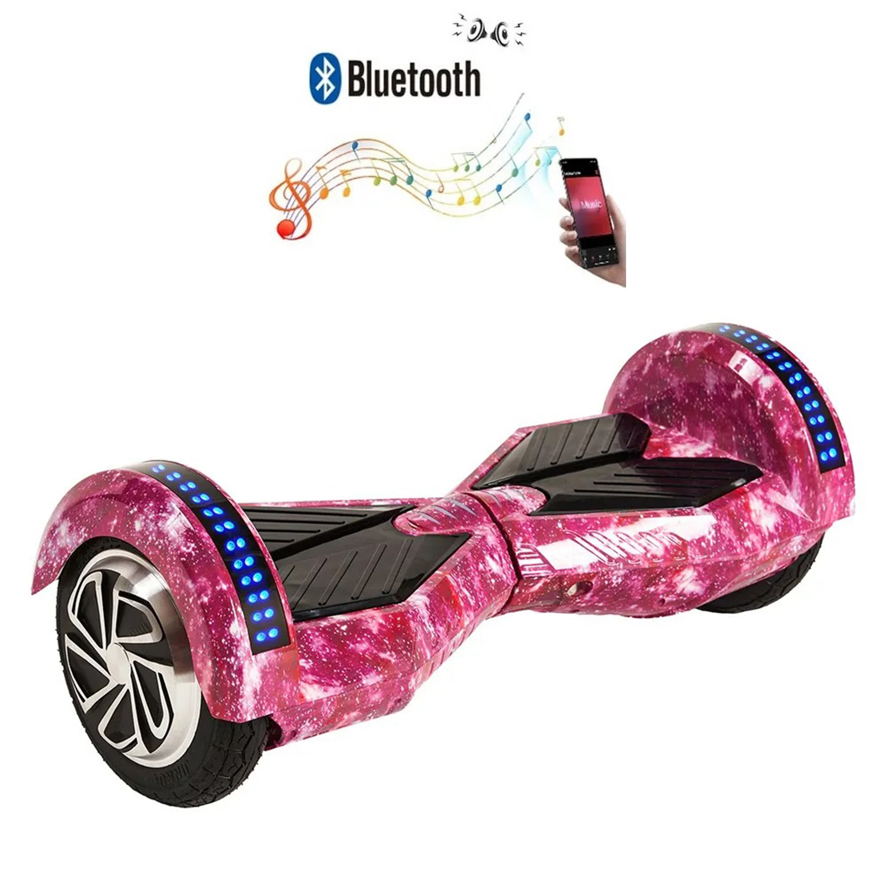Yıldız desenli, mavi ışıklı pembe hoverboard.