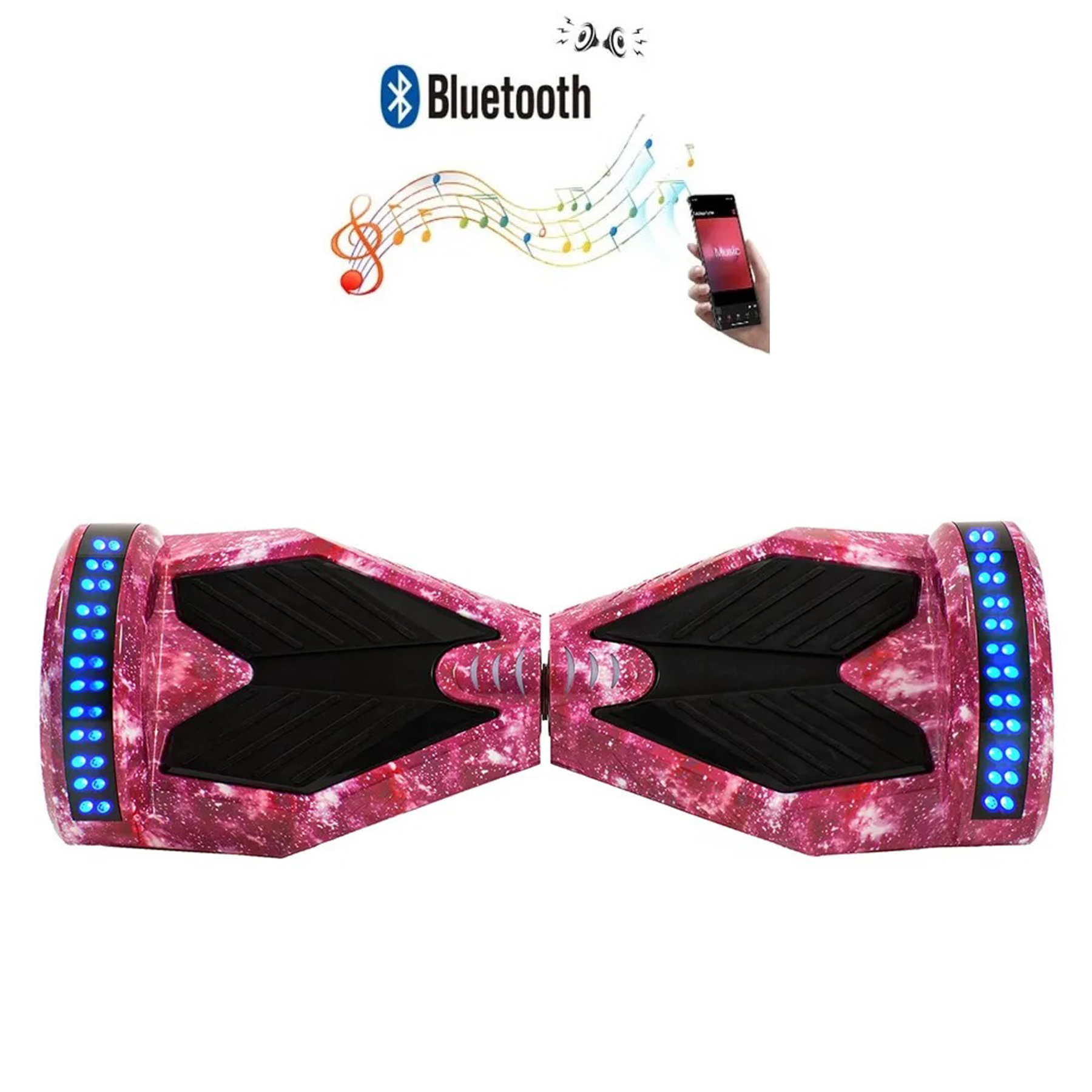 Mavi ışıklı ve nota figürlü pembe hoverboard.