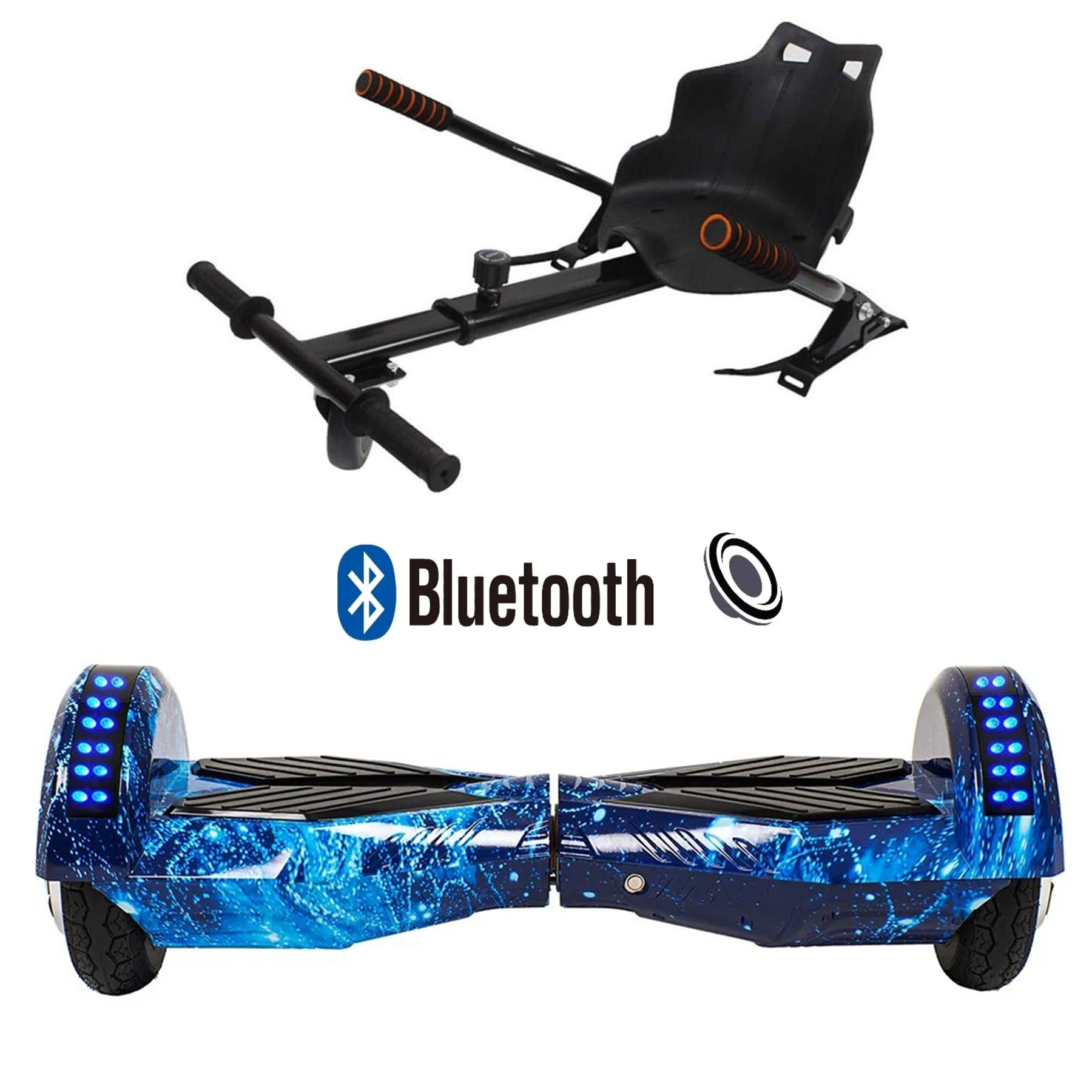 Siyah hoverboard koltuk aparatı ve ışıklı mavi bir hoverboard.