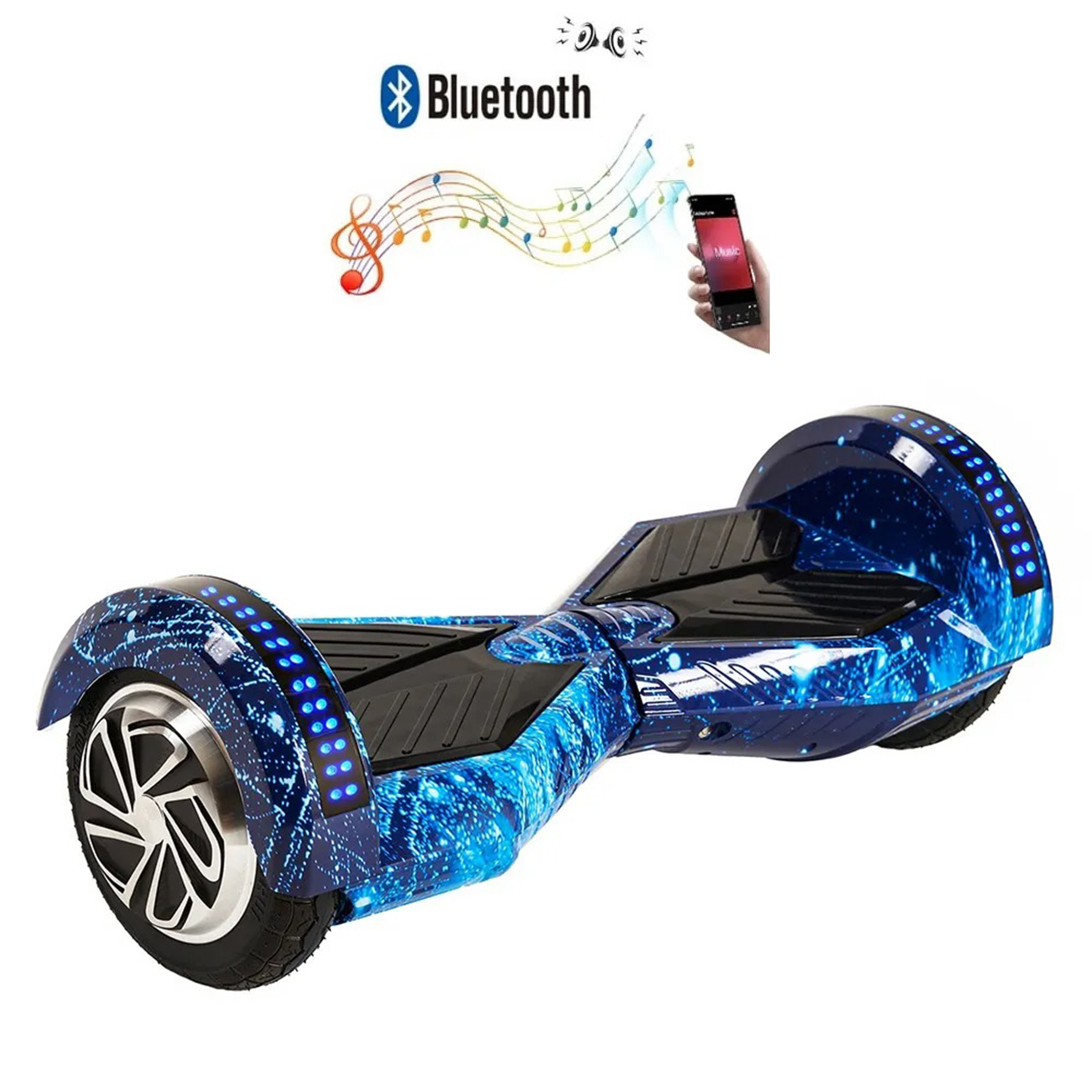 Yıldızlı desenli ve mavi ışıklı mavi hoverboard.