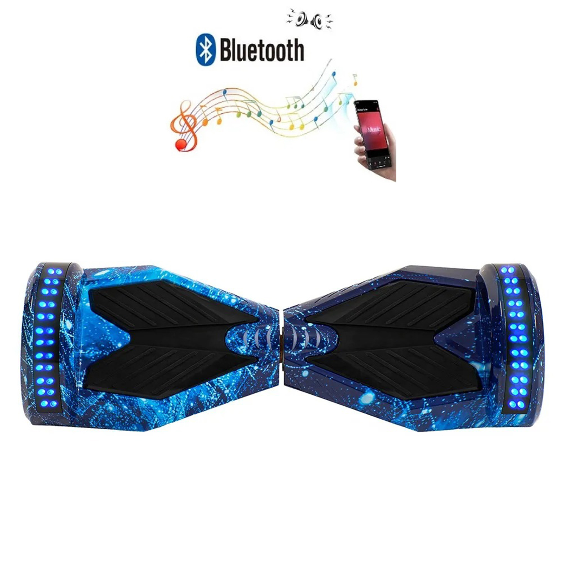 Yıldızlı desenli ve mavi ışıklı mavi hoverboard, Bluetooth ile bağlı.