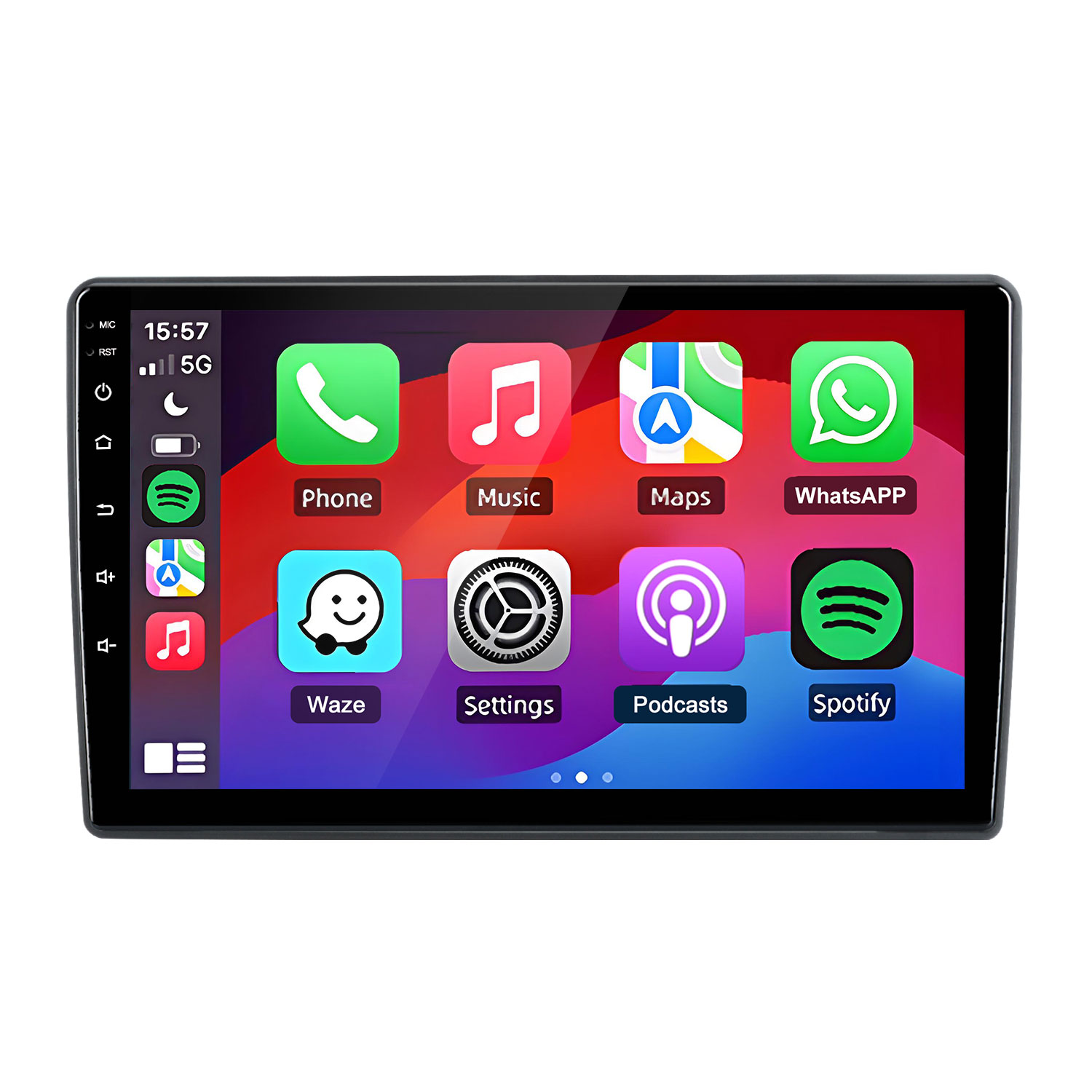 Duży ekran dotykowy z ikonami aplikacji: Telefon, Muzyka, Mapy, WhatsApp, Waze, Ustawienia.