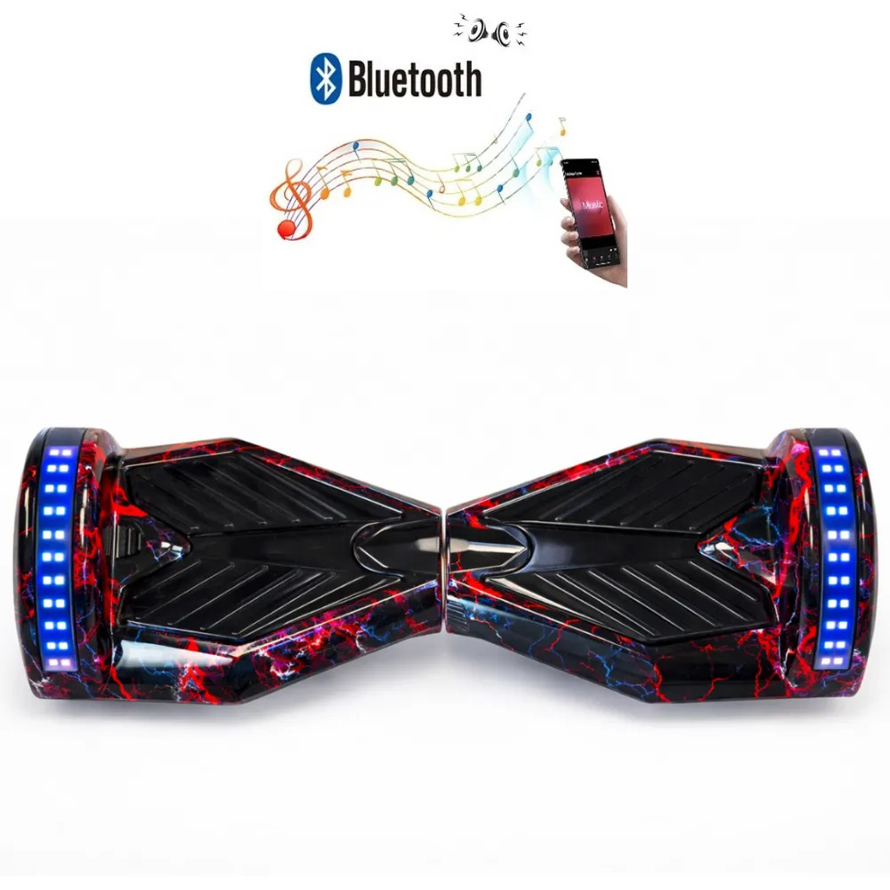 Mavi LED ışıklı ve siyah tasarımlı iki tekerlekli hoverboard.