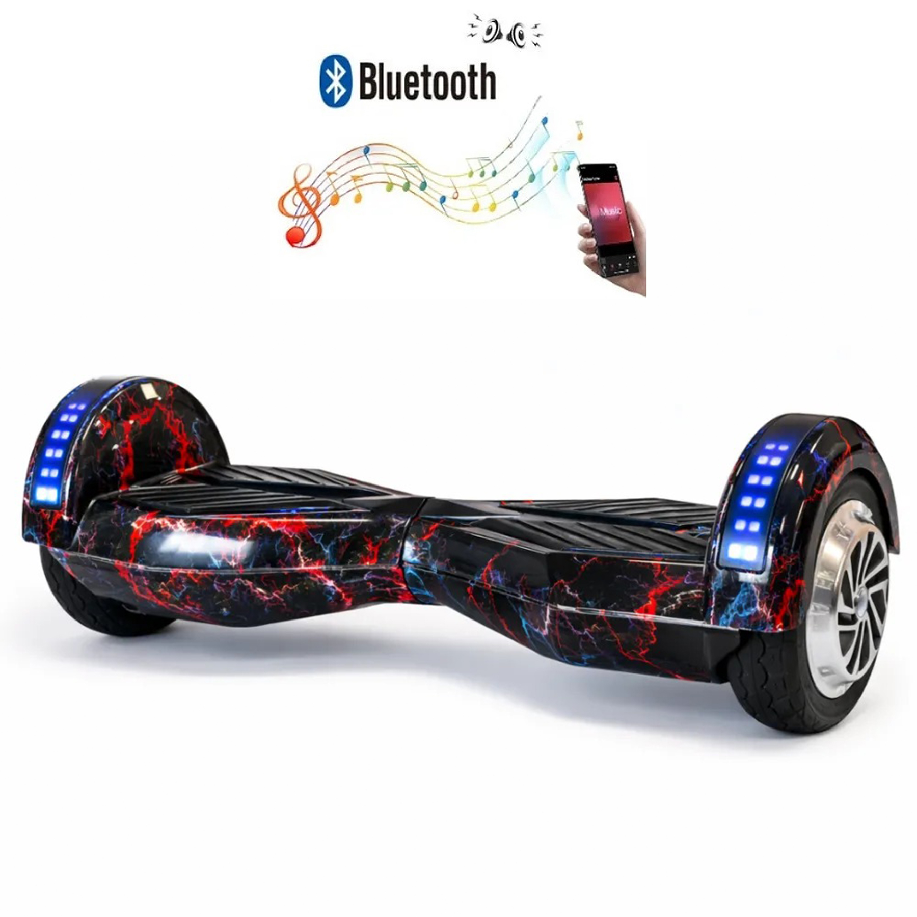 Kırmızı ve mavi şimşek desenli siyah hoverboard, mavi LED ışıklar.