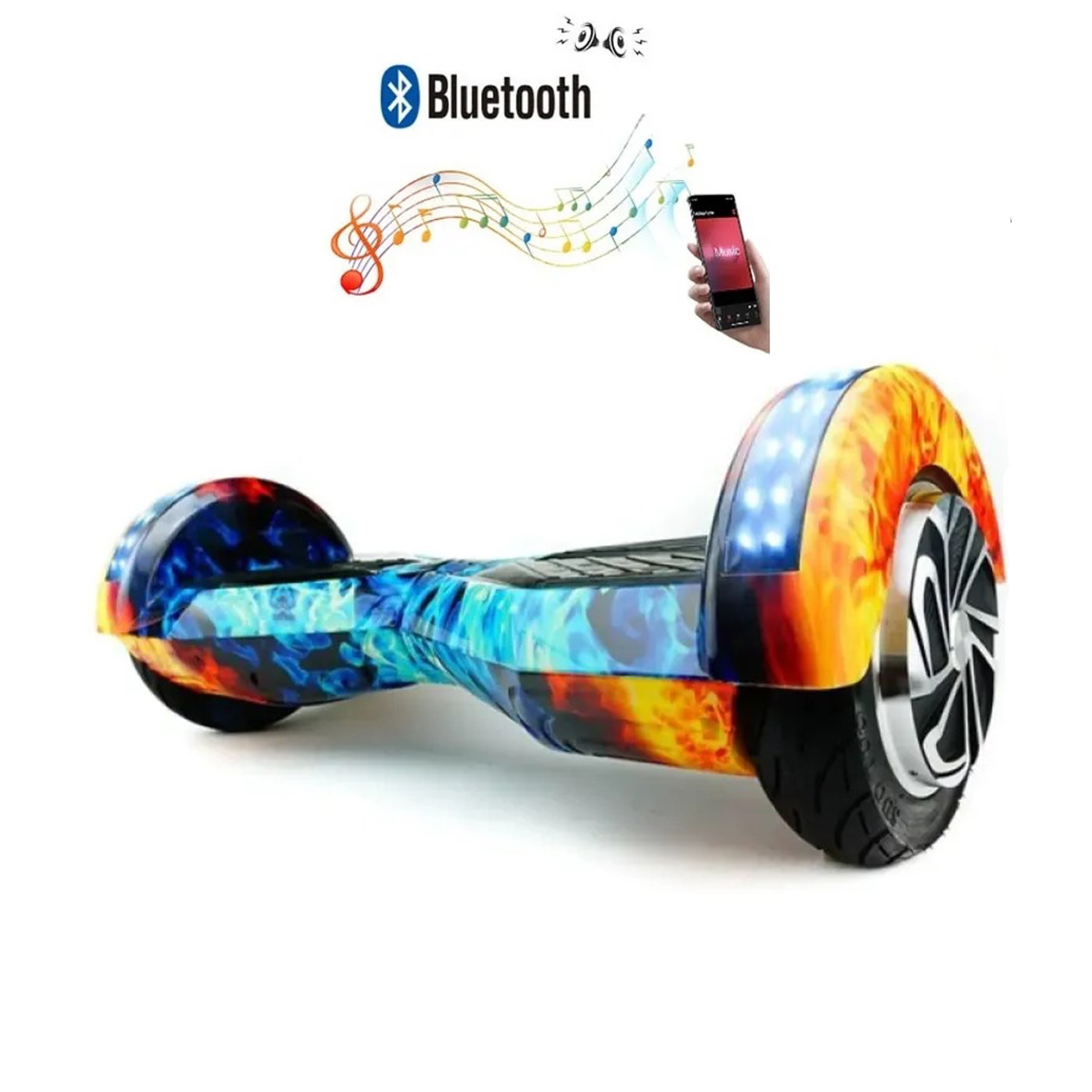 Alev desenli hoverboard, bir akıllı telefona bağlı.