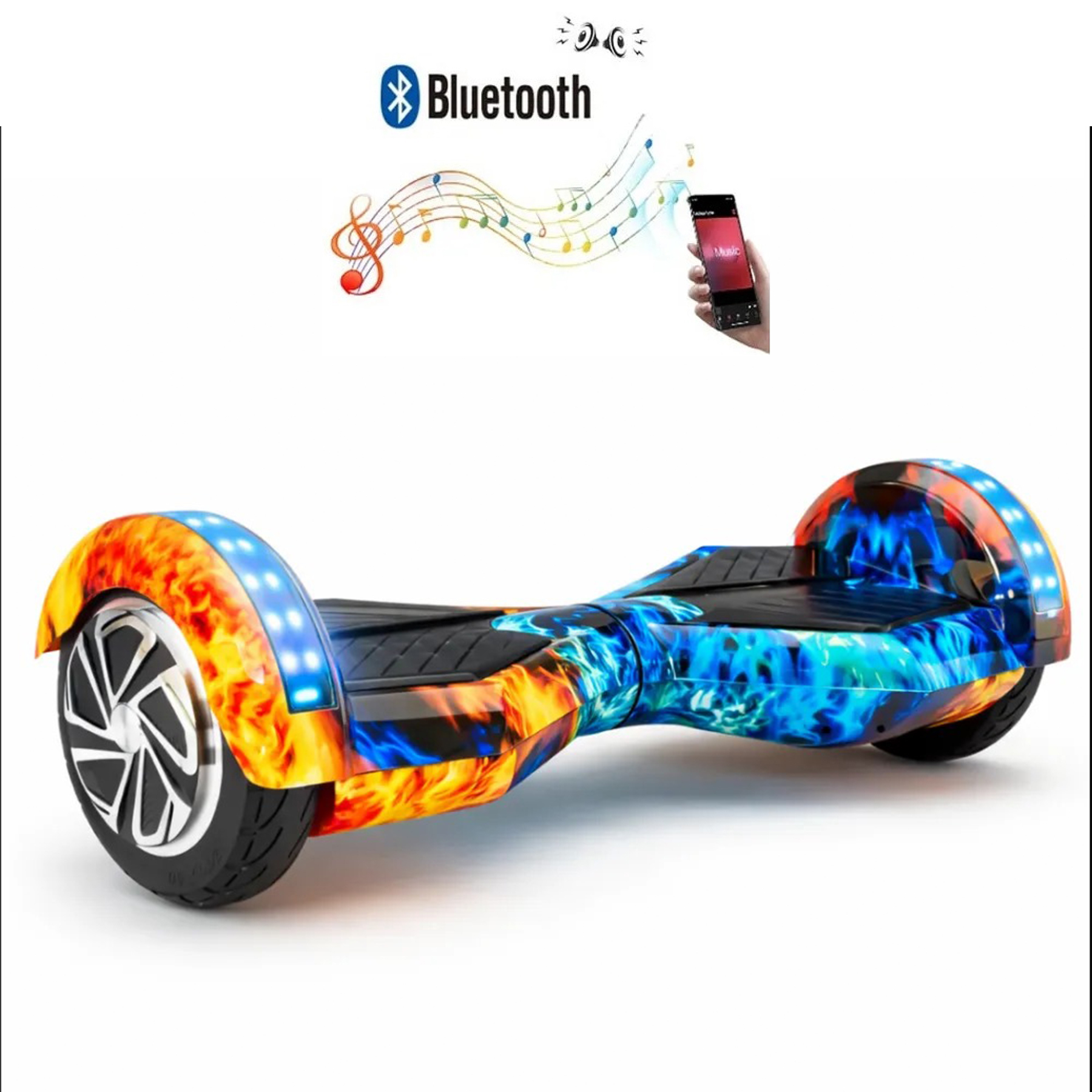 Mavi ve turuncu alev tasarımlı, ışıklı ve müzik ikonlu bir hoverboard.